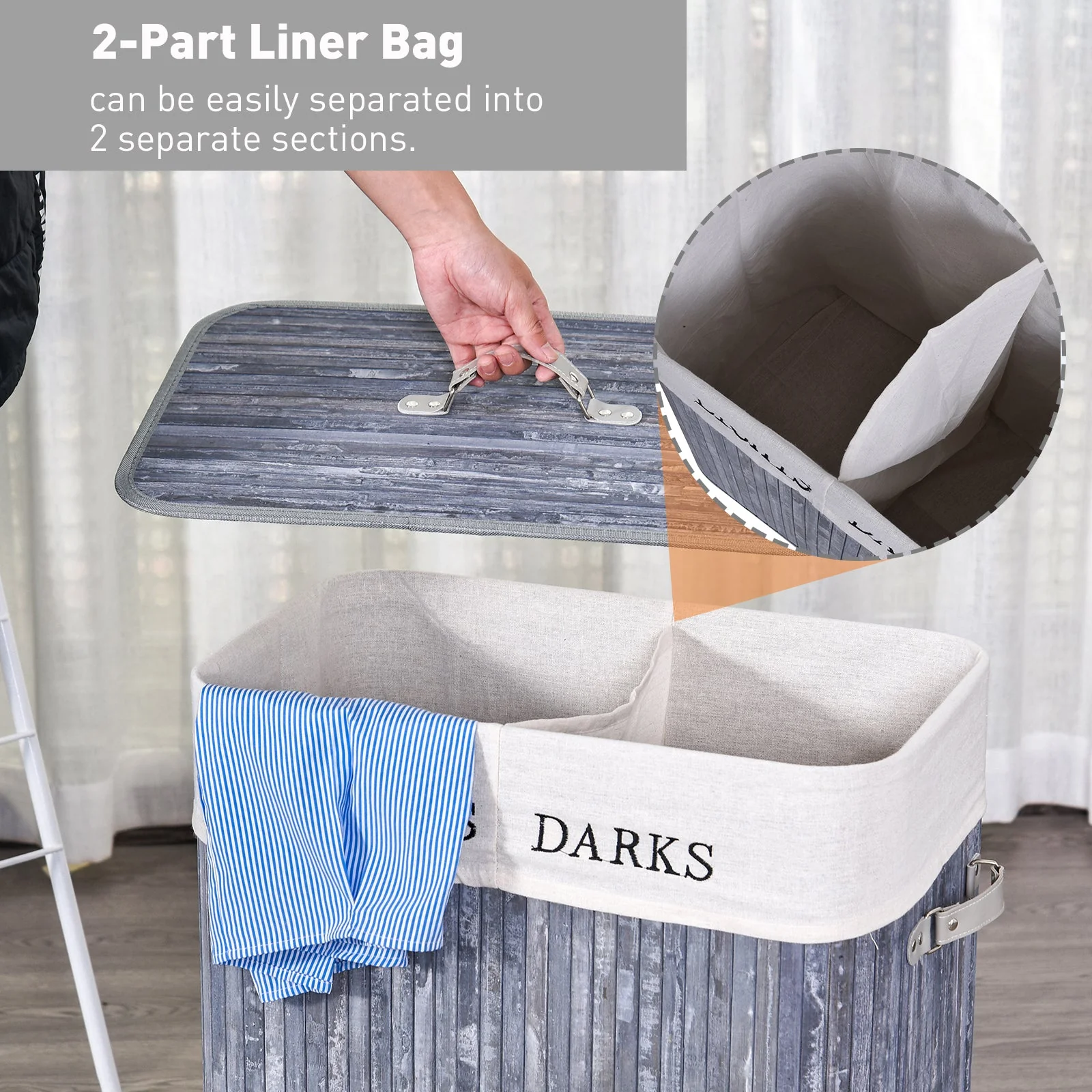 Bamboo Duo-Compartment Laundry Basket Grey - Image 6