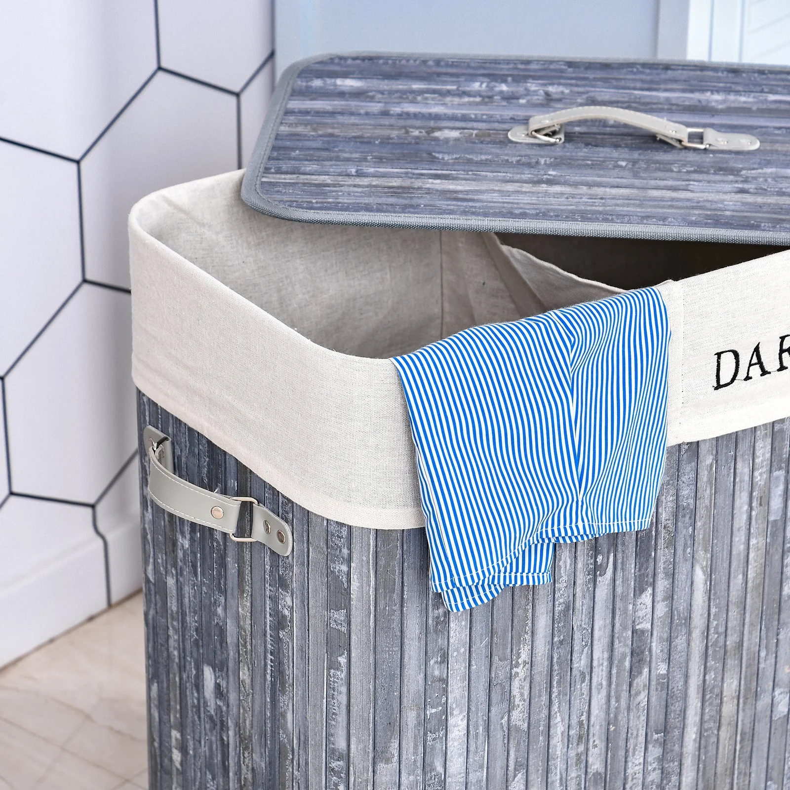 Bamboo Duo-Compartment Laundry Basket Grey - Image 9