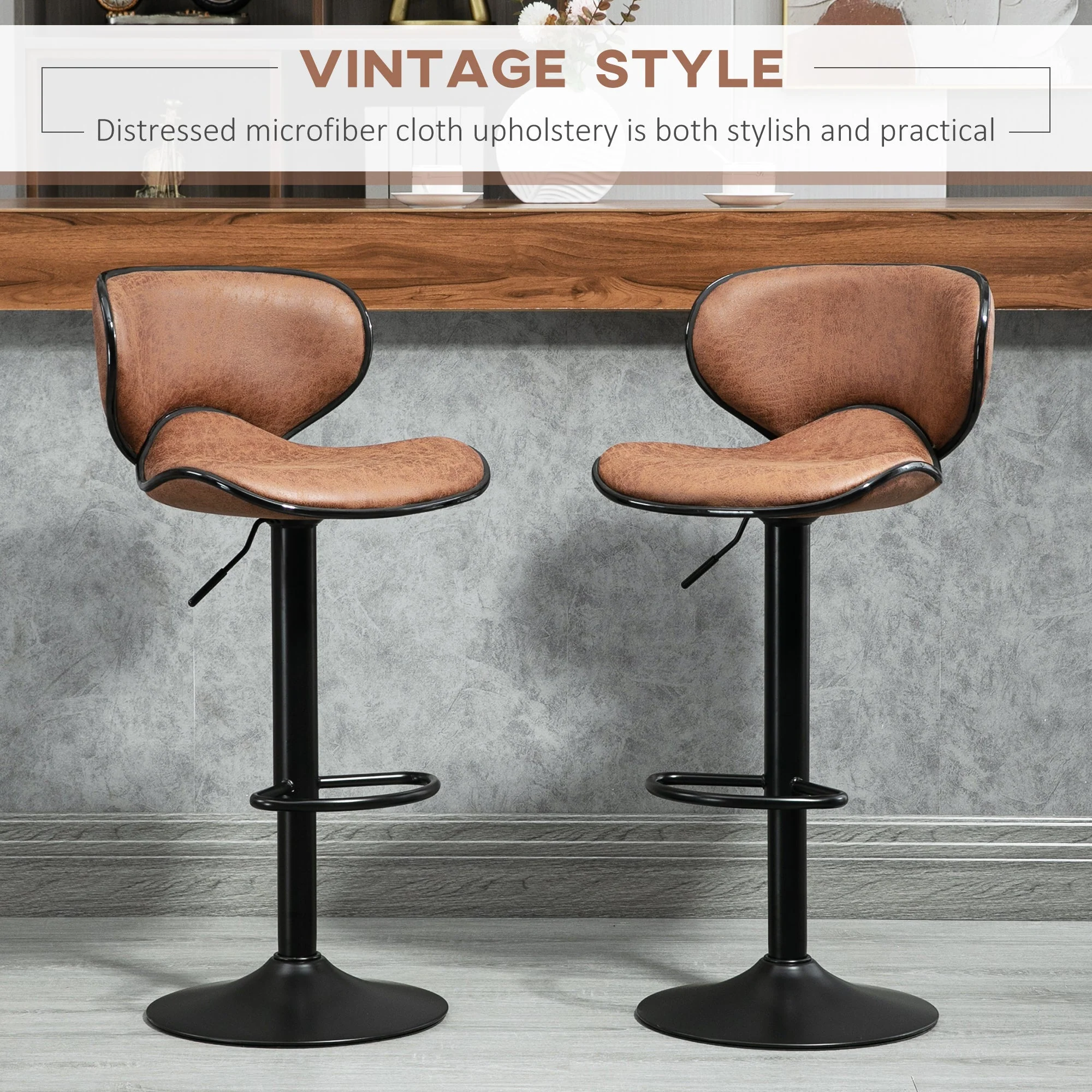 Bar Stool Set of 2 Microfiber Cloth Adjustable Height Armless Chairs with Swivel Seat - Image 4