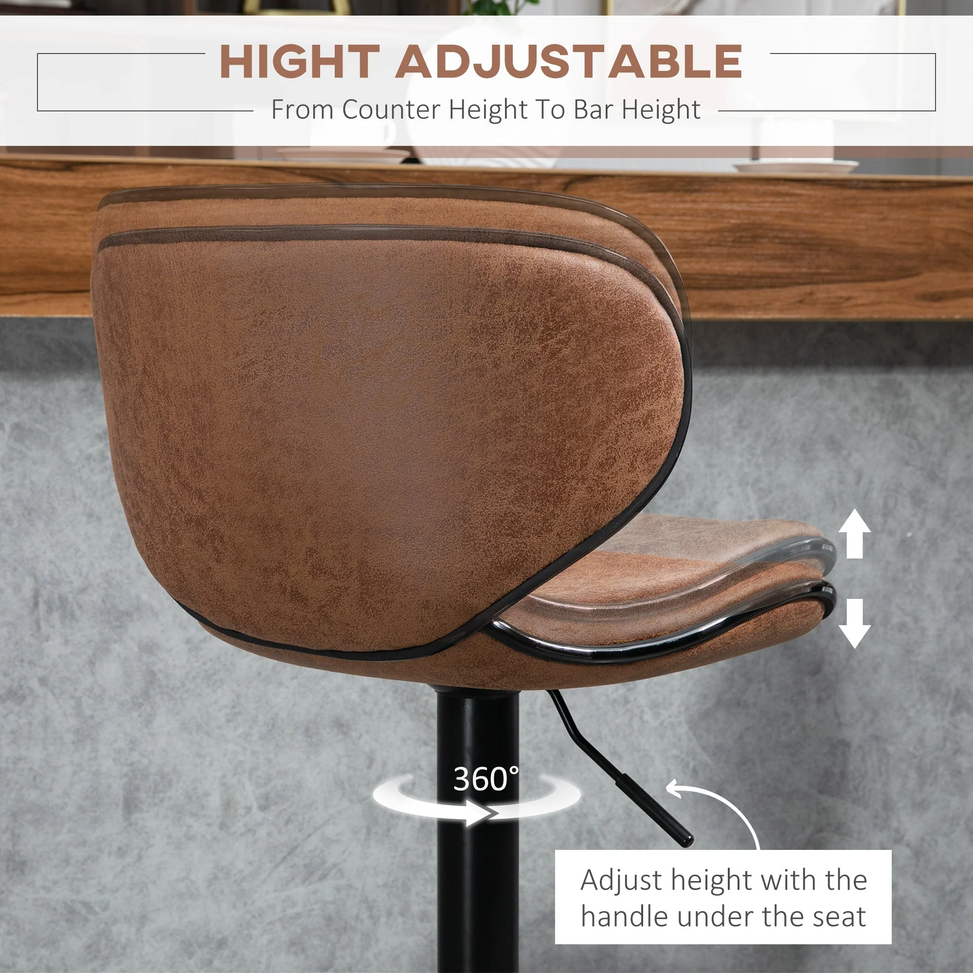 Bar Stool Set of 2 Microfiber Cloth Adjustable Height Armless Chairs with Swivel Seat - Image 5