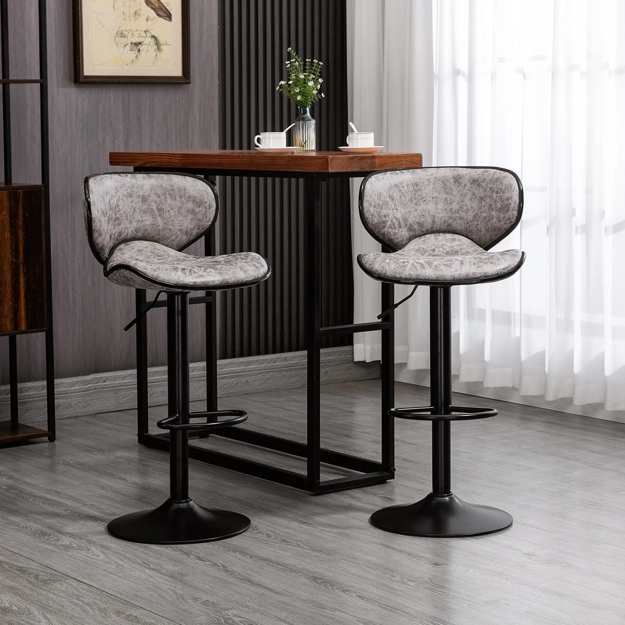 Bar Stool Set of 2 Microfiber Cloth Adjustable Height Armless Chairs with Swivel Seat - Image 2