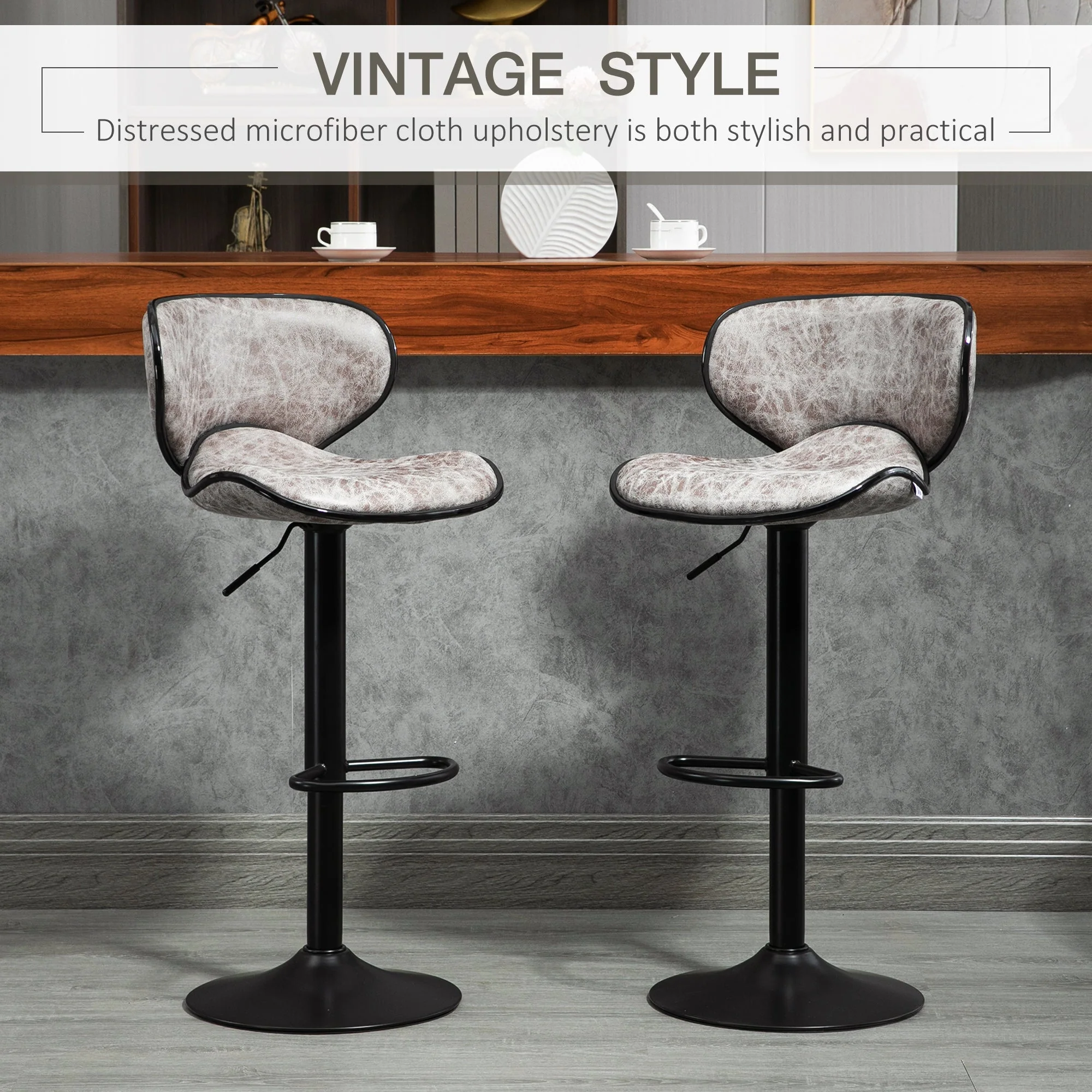 Bar Stool Set of 2 Microfiber Cloth Adjustable Height Armless Chairs with Swivel Seat - Image 4