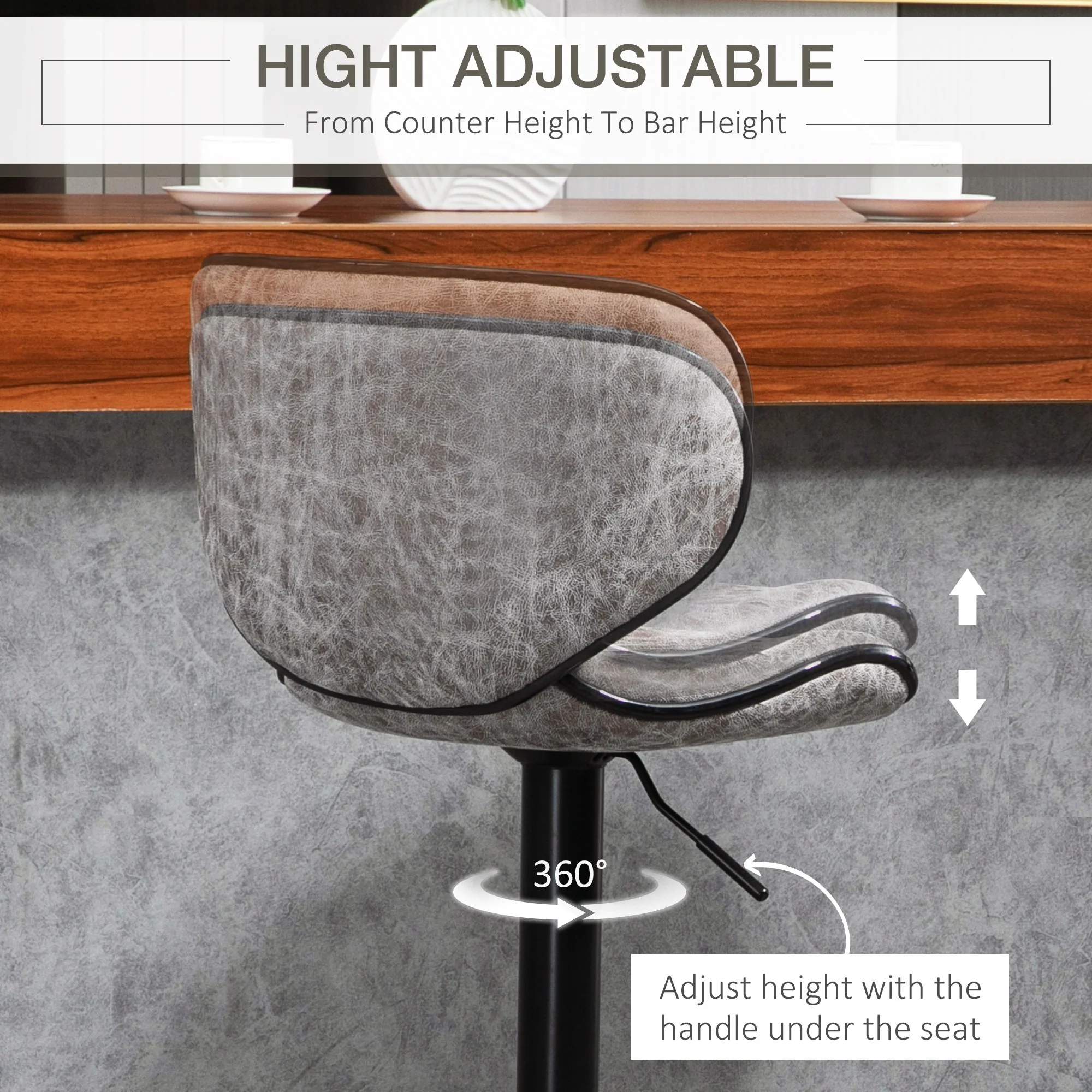 Bar Stool Set of 2 Microfiber Cloth Adjustable Height Armless Chairs with Swivel Seat - Image 5
