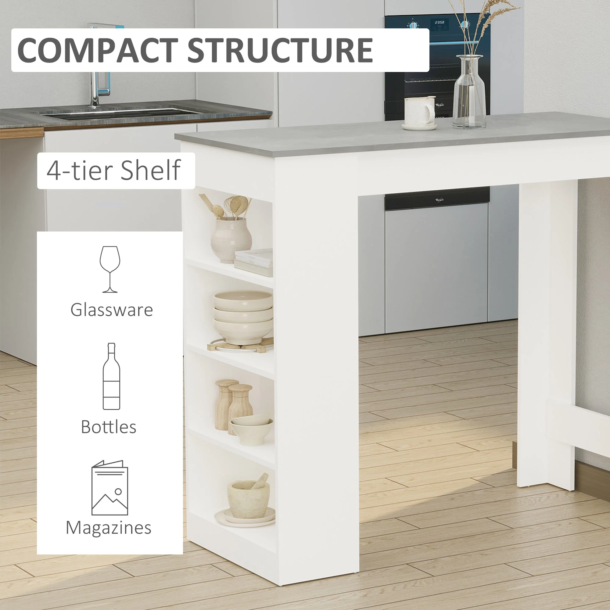 Bar Table Coffee Table Kitchen Dining Table with 4-Tier Storage Shelf for Kitchen - Image 4