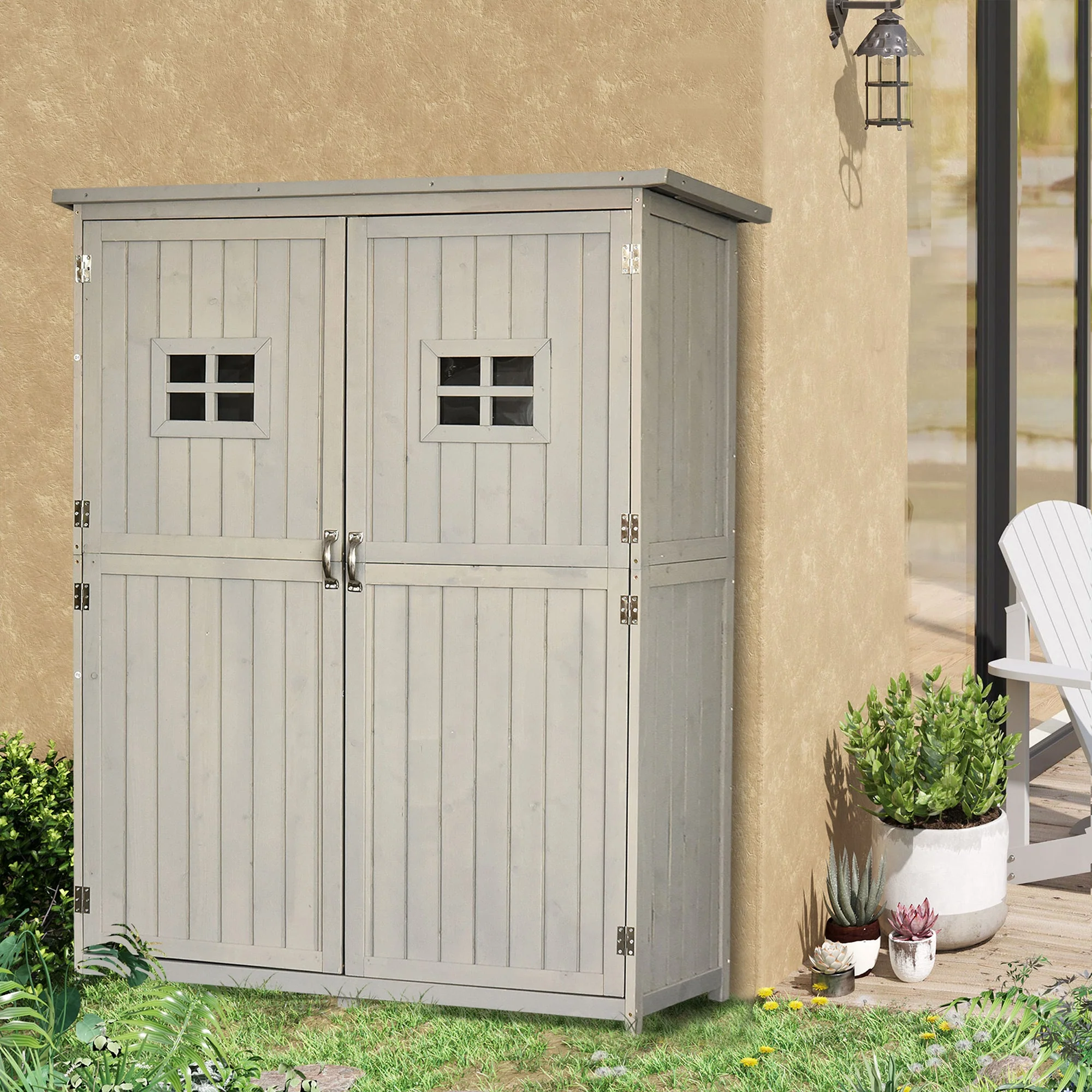 Barn 164cm Double Door Pent Garden Store Two Window Fir Wood Grey by Steadfast - Image 2