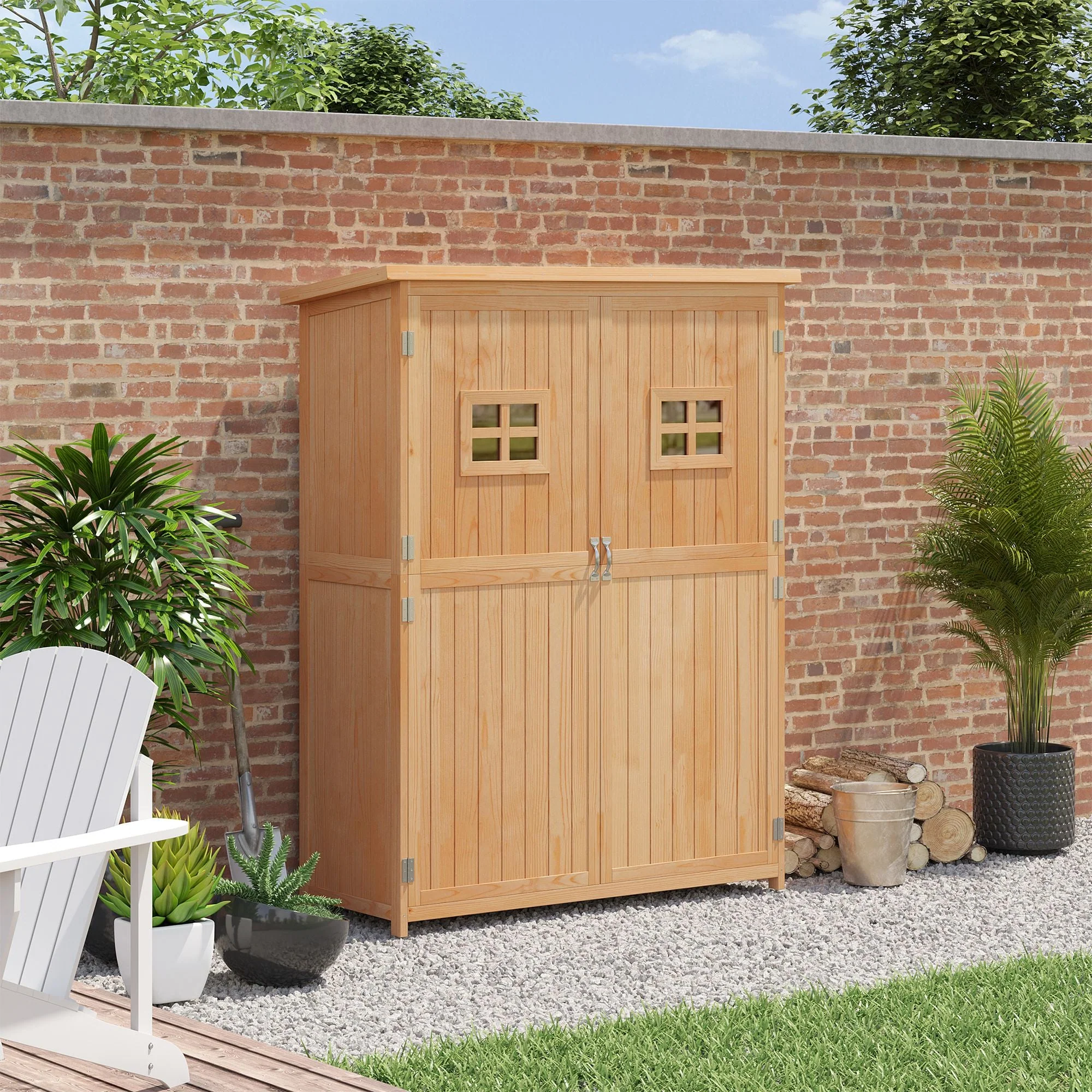 Barn 164cm Double Door Pent Garden Store Two Window Fir Wood Natural by Steadfast - Image 2