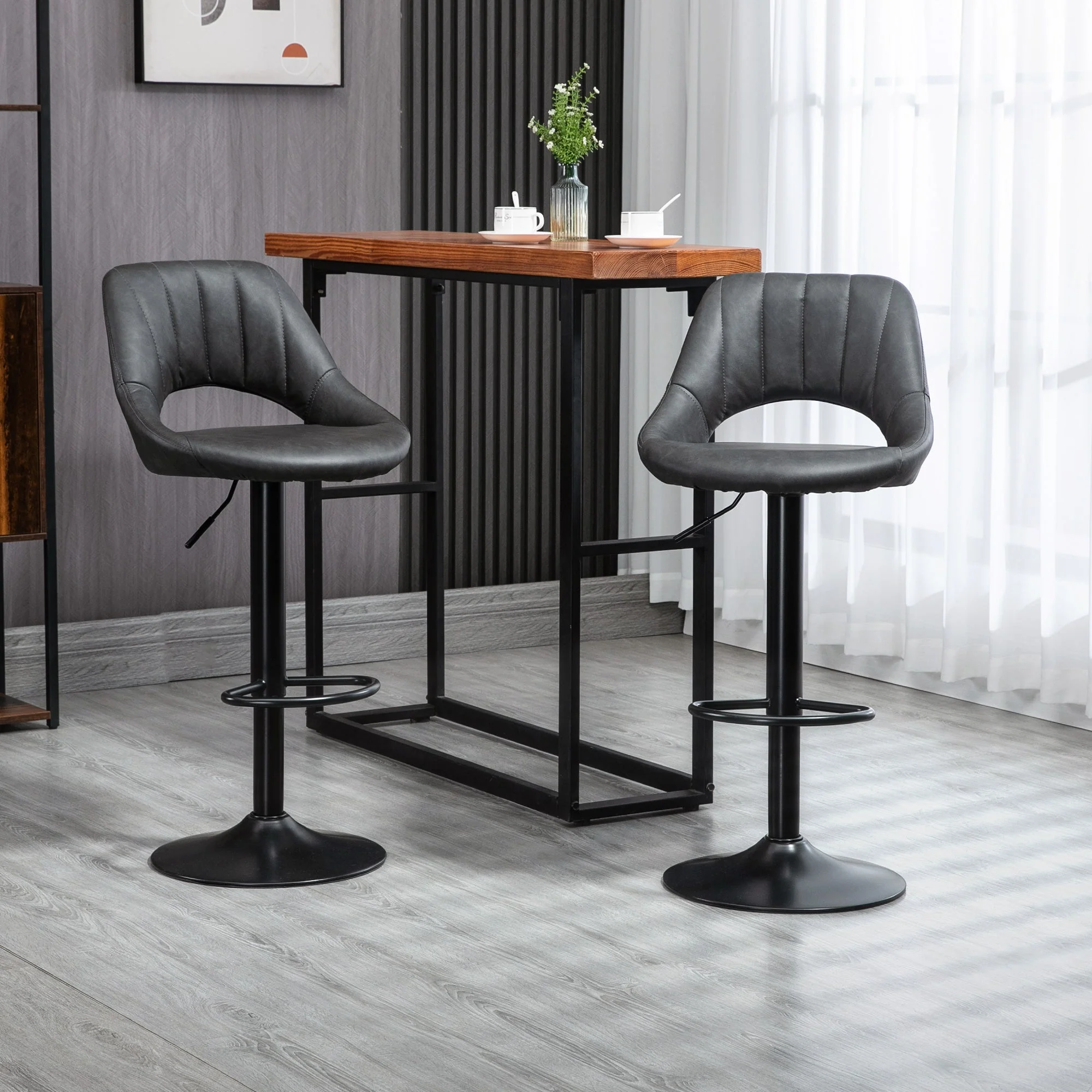 Barstools Set of 2 Adjustable Swivel Height Gas Lift PU Leather Counter Chairs with Footrest - Image 2