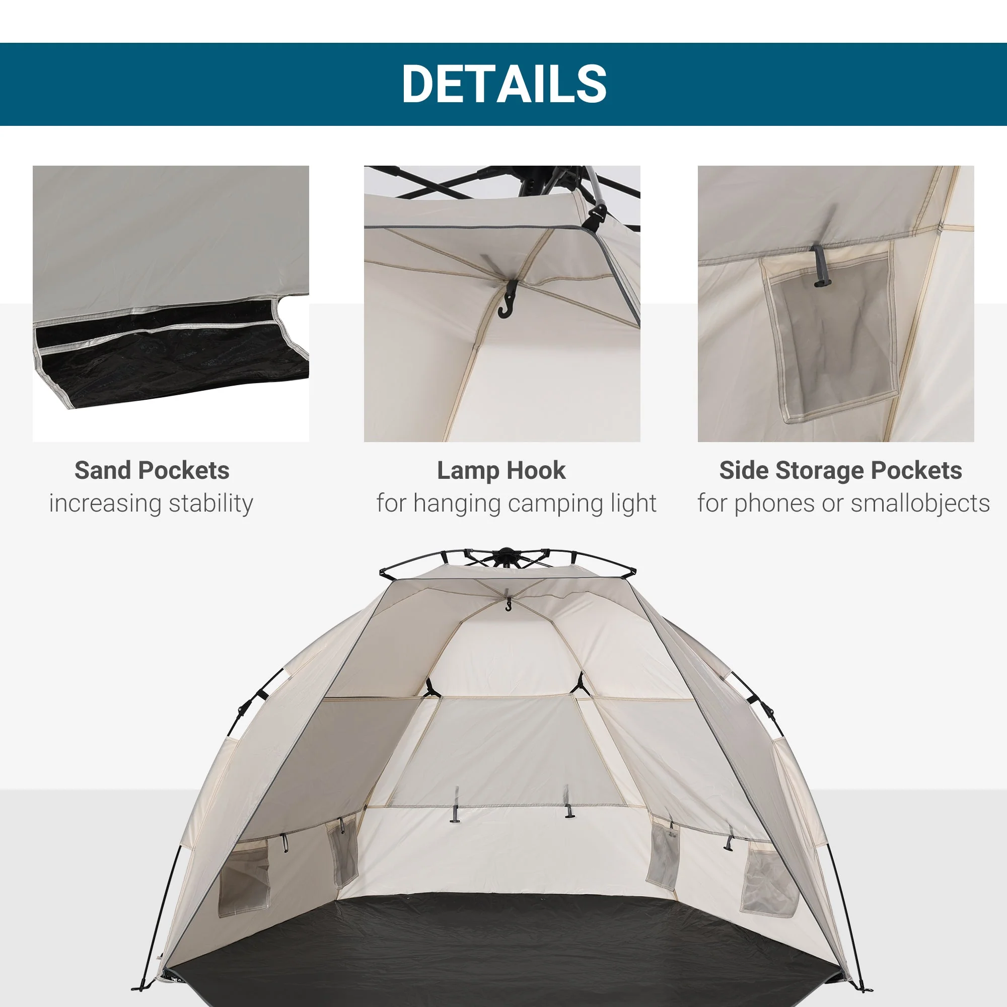 Beach Tent for 1-2 Person Pop-up Design with 3 Mesh Windows & Carrying Bag Cream - Image 6