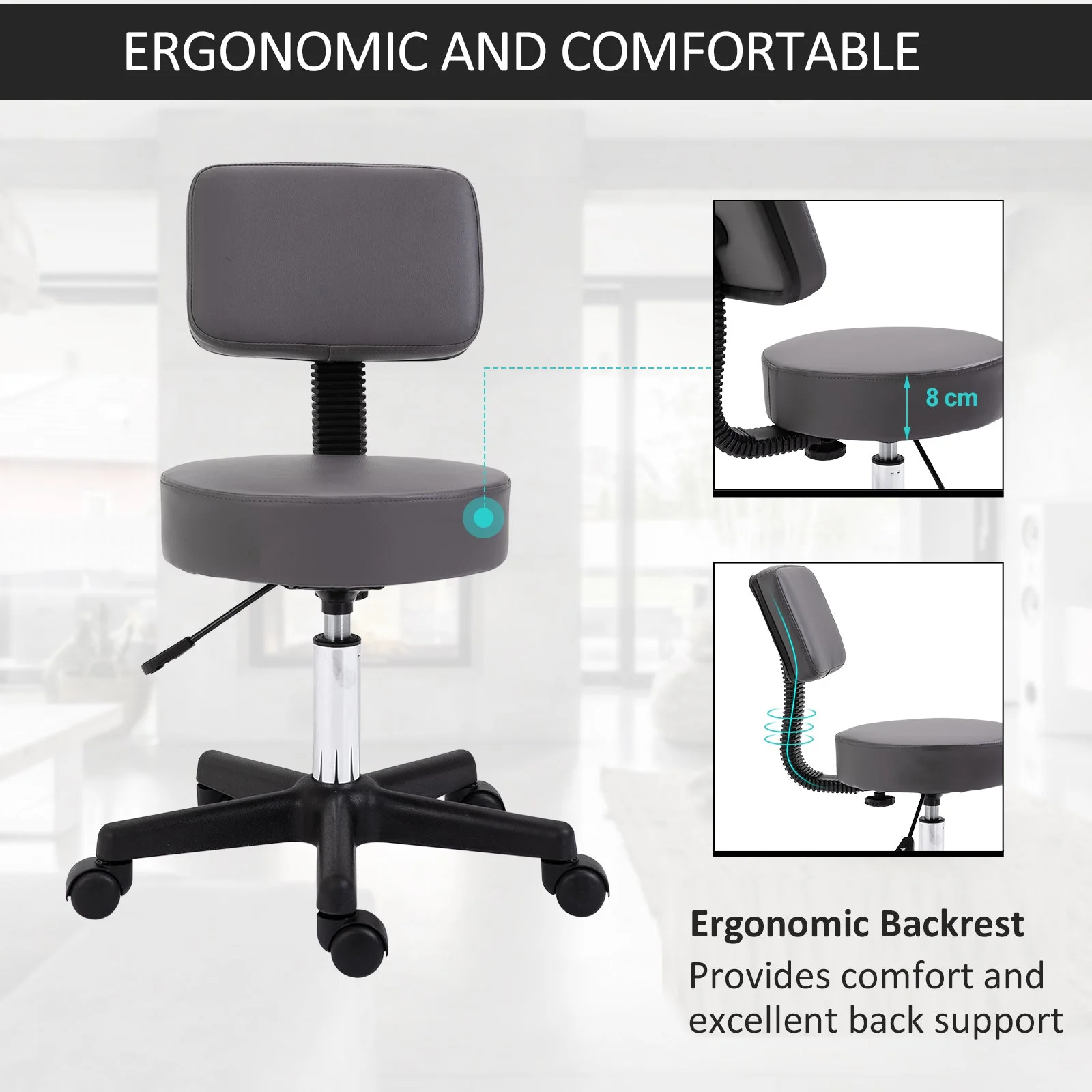 Beautician's Swivel Salon Chair w/ Padded Seat Back 5 Wheels Adjustable Height Salon Hairdressers Tattoo Spa Rolling Cushion Professional Grey - Image 4