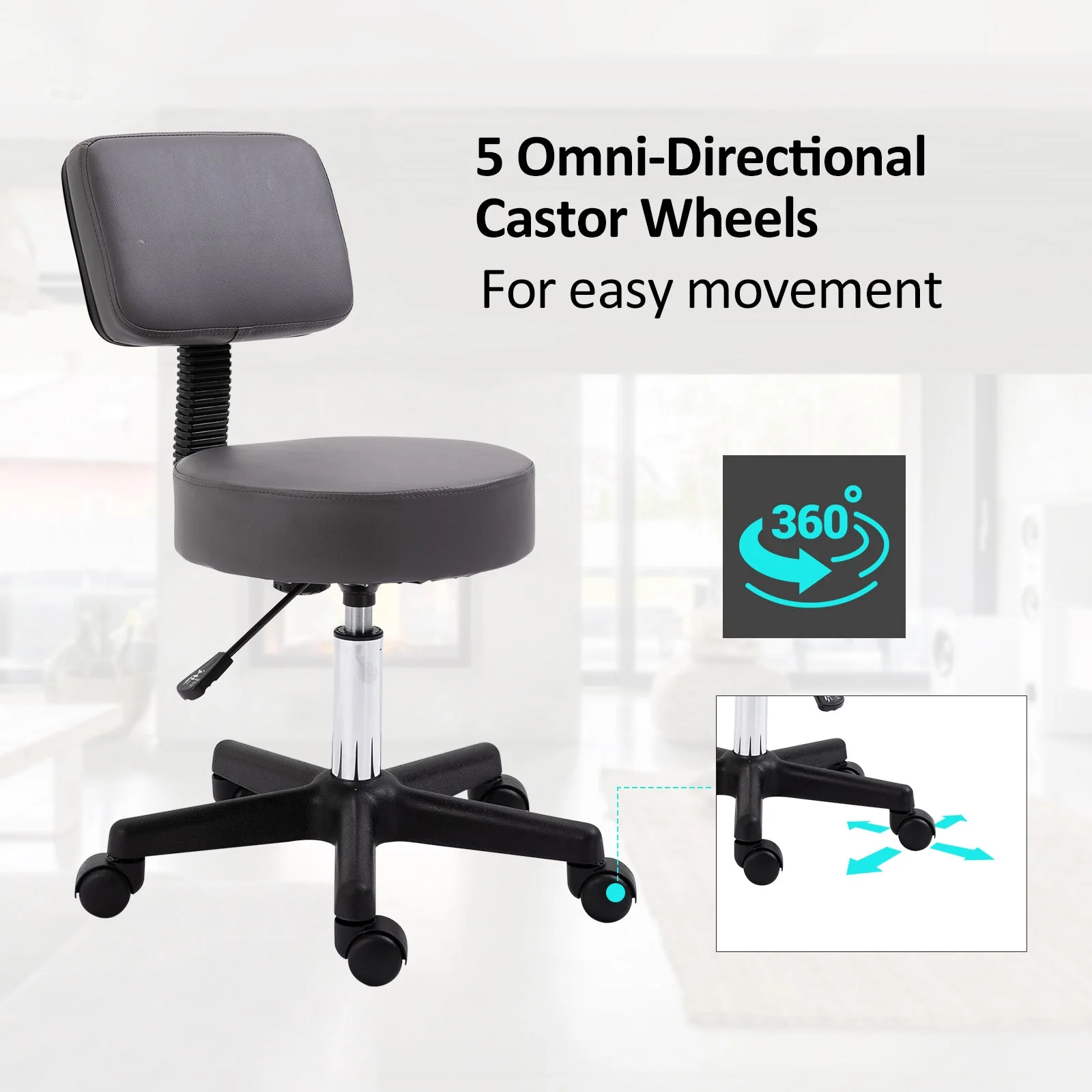 Beautician's Swivel Salon Chair w/ Padded Seat Back 5 Wheels Adjustable Height Salon Hairdressers Tattoo Spa Rolling Cushion Professional Grey - Image 5