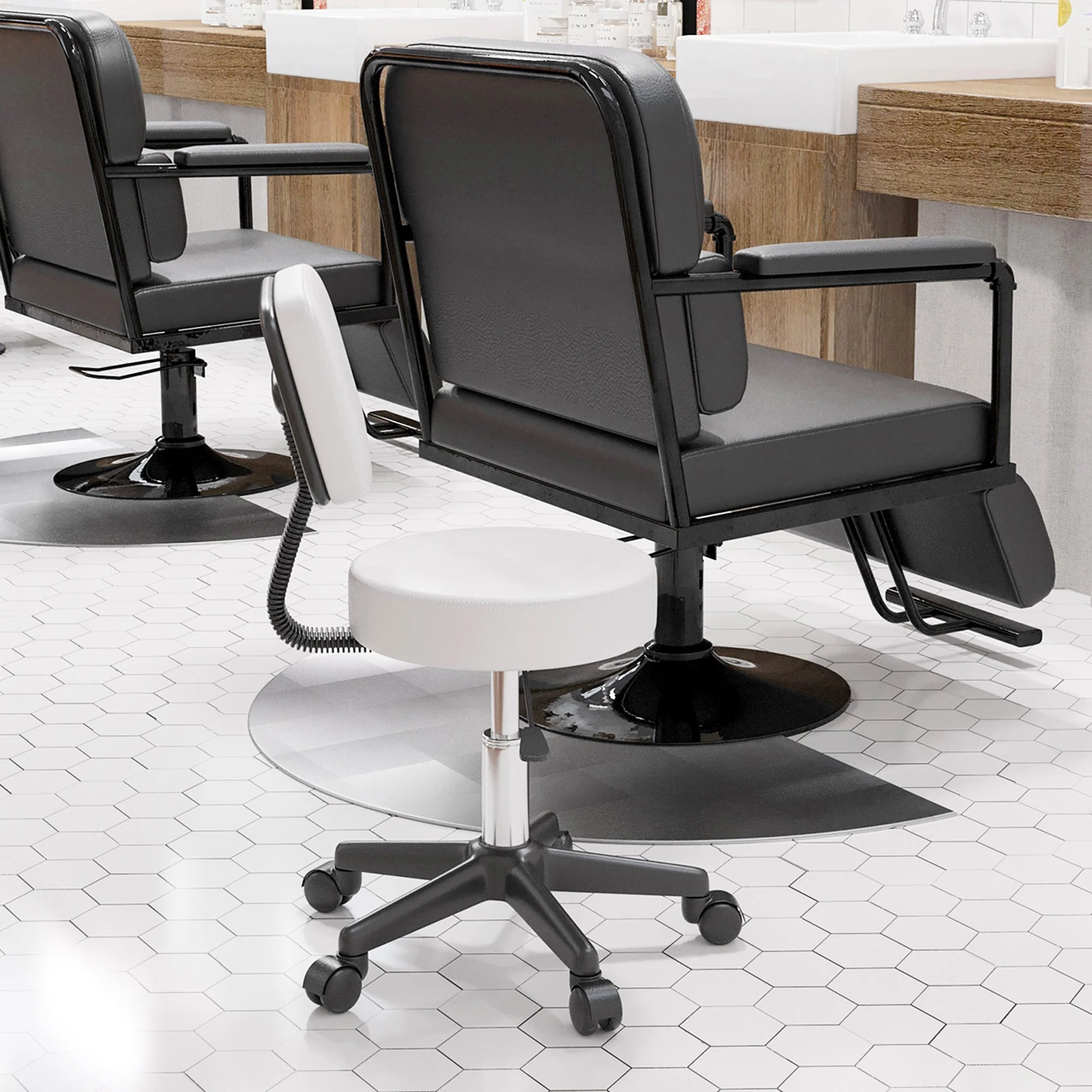 Beautician's Swivel Salon Chair w/ Padded Seat Back 5 Wheels Adjustable Height Salon Hairdressers Tattoo Spa Rolling Cushion Professional White - Image 2