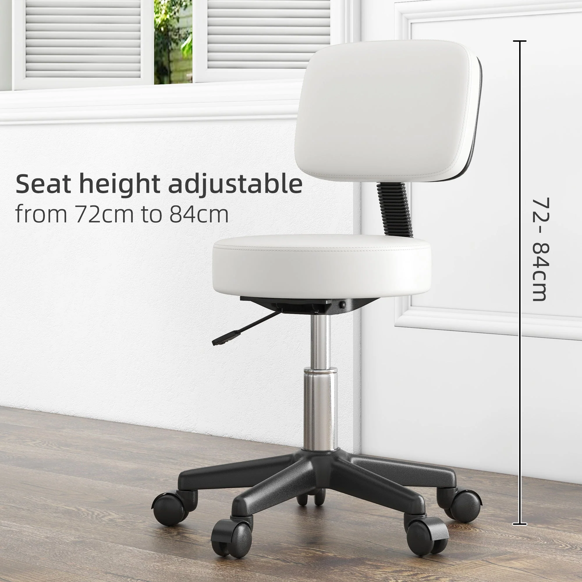 Beautician's Swivel Salon Chair w/ Padded Seat Back 5 Wheels Adjustable Height Salon Hairdressers Tattoo Spa Rolling Cushion Professional White - Image 7