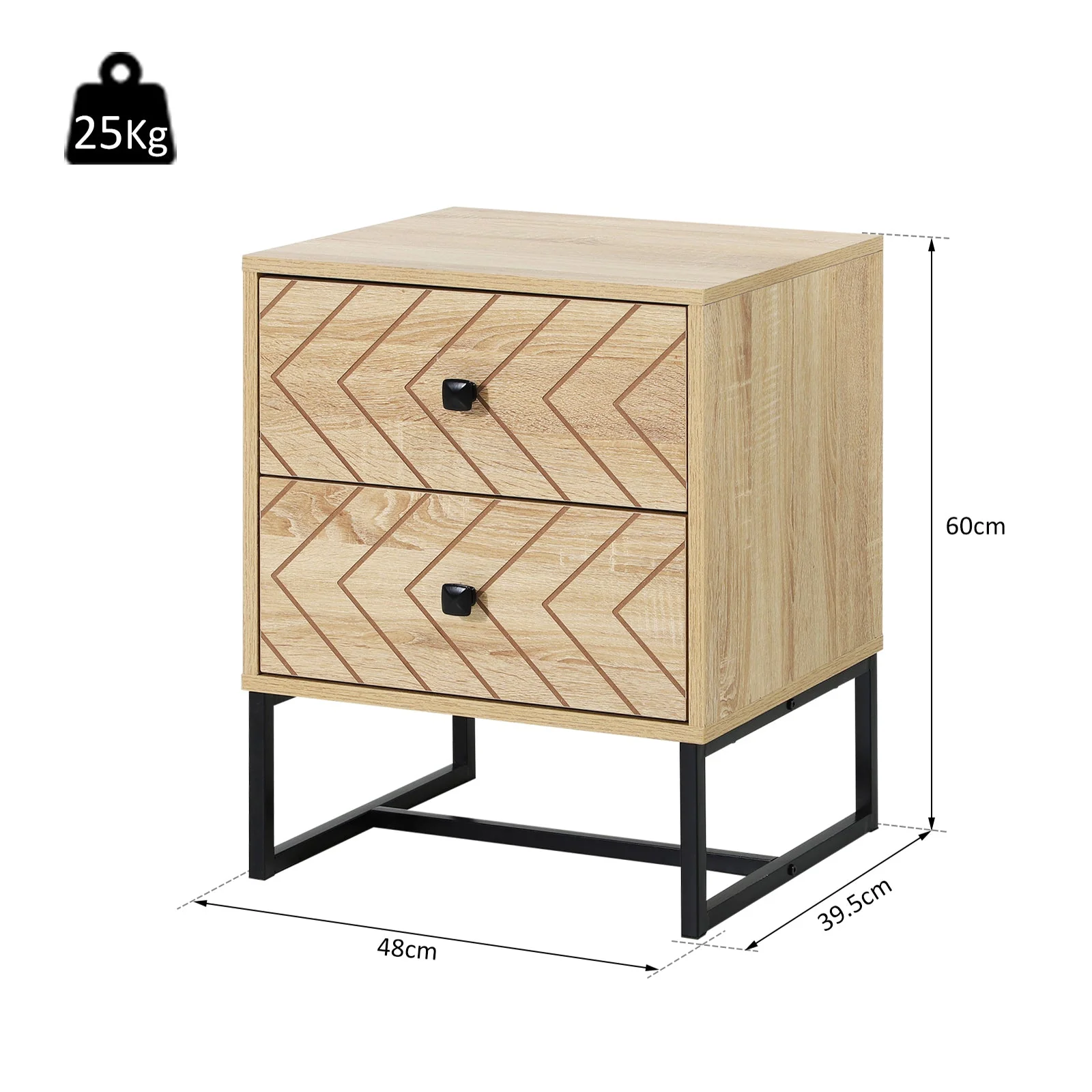 Bedside Table 2 Drawer Unit Zig Zag Design Nightstand w/ Black Metal Handles Melamine Finish - Image 2