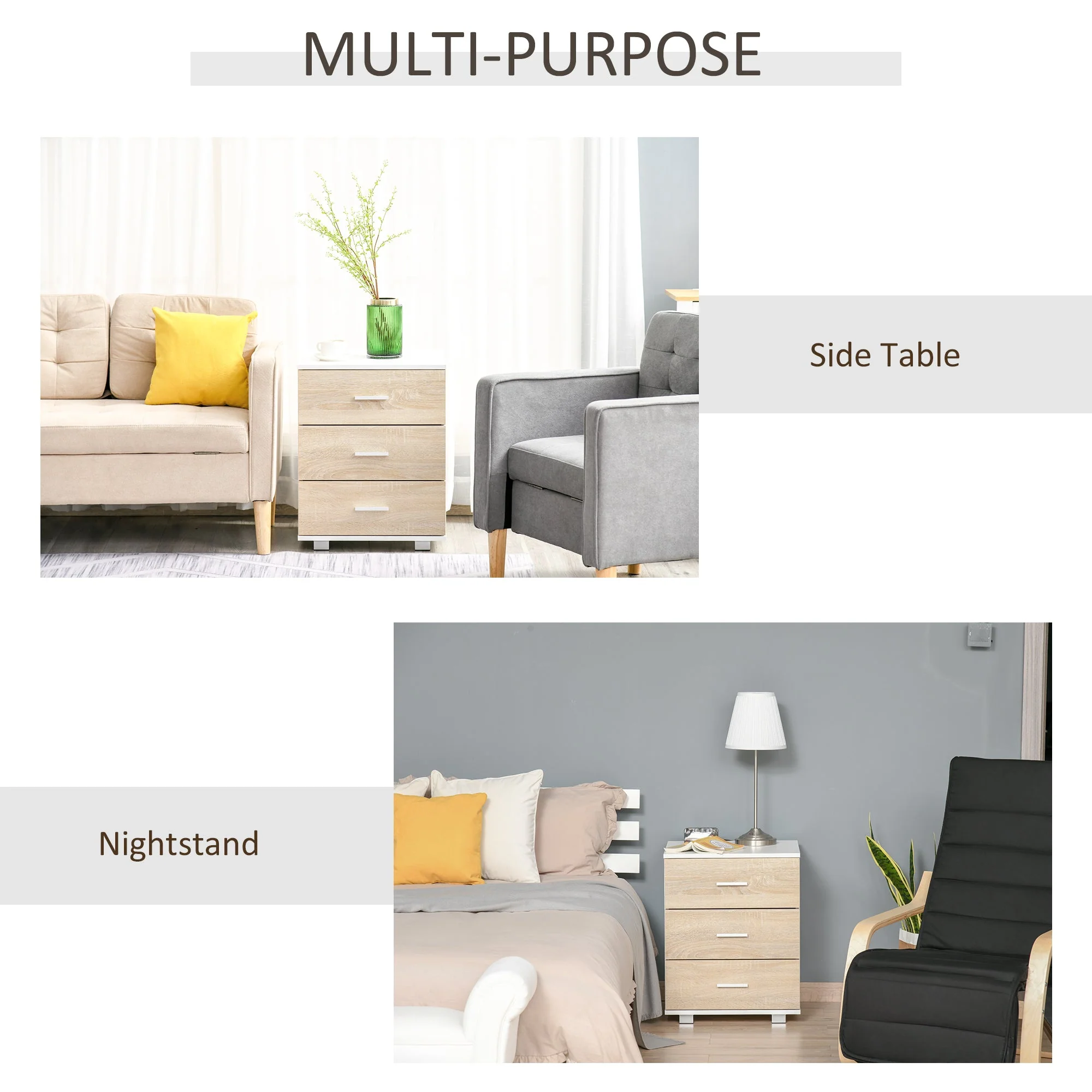 Bedside Table With 3 Drawers Nightstand Side Table Storage Chest For Bedroom - Image 4