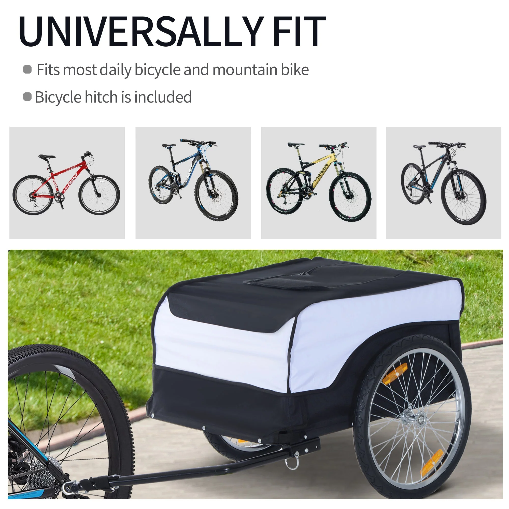 Bike Trailer Cargo in Steel Frame Extra Bicycle Storage Carrier with Removable Cover and Hitch White and Black - Image 4