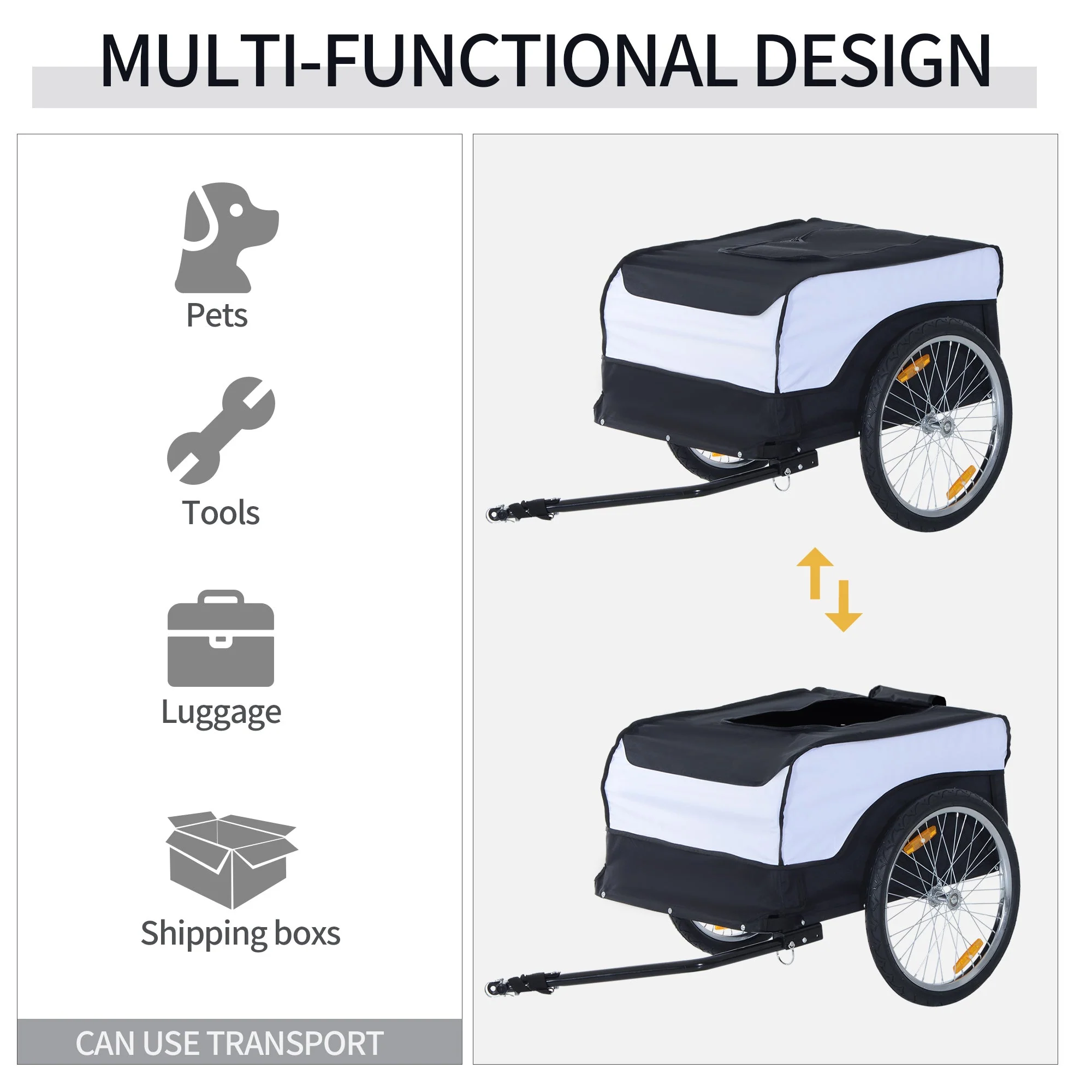 Bike Trailer Cargo in Steel Frame Extra Bicycle Storage Carrier with Removable Cover and Hitch White and Black - Image 5