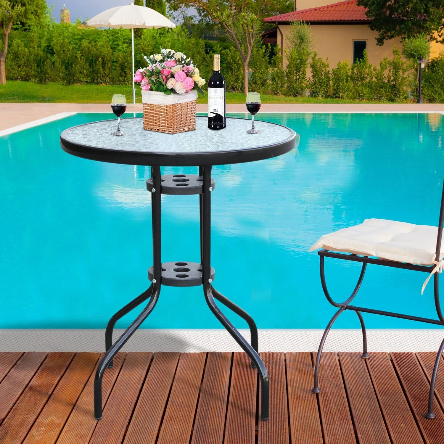 Bistro Table Outdoor Tempered Glass Top Table Garden Round Dining Table - 60cm Diameter - Image 2