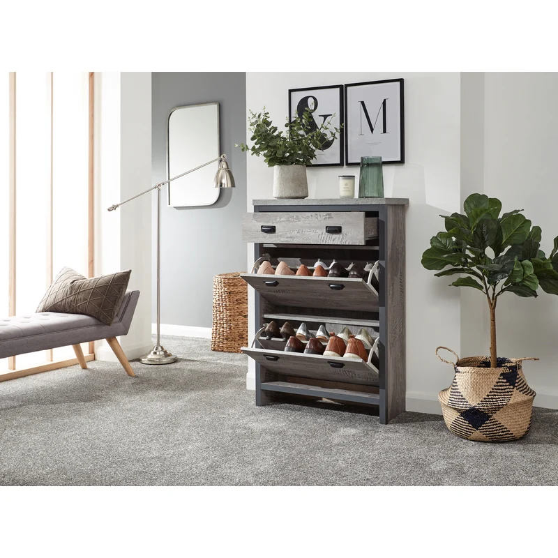 Boston Tall Shoe Storage Metal & Wood Grey 2 Doors 2 Shelves 1 Drawer - Image 4