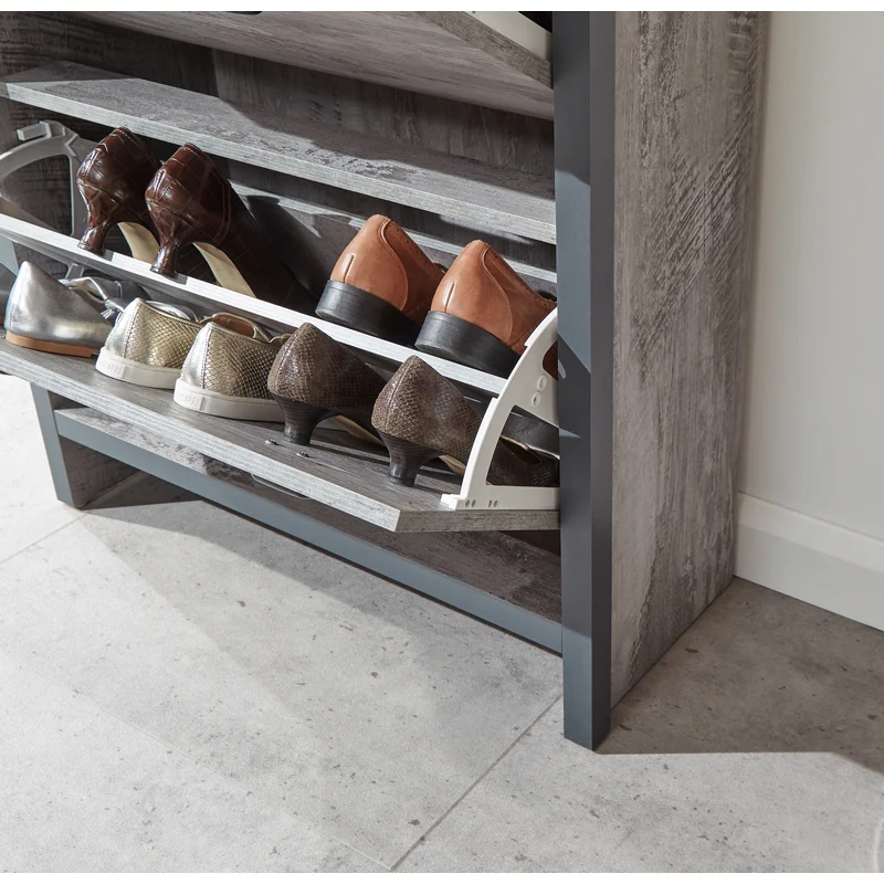Boston Tall Shoe Storage Metal & Wood Grey 2 Doors 2 Shelves 1 Drawer - Image 8