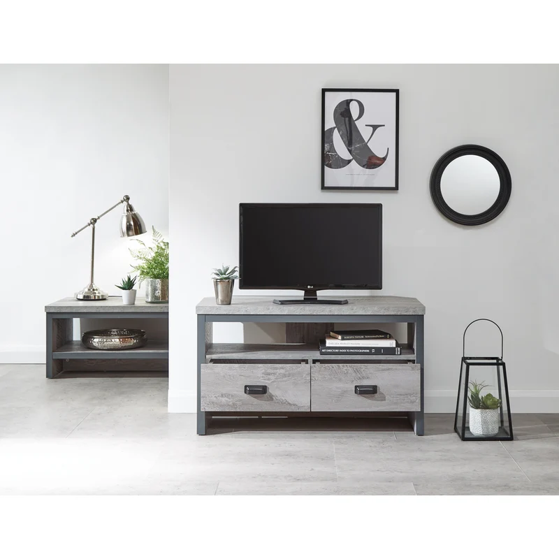 Boston TV Unit Metal & Wood Grey 1 Shelf 2 Drawers - Image 2