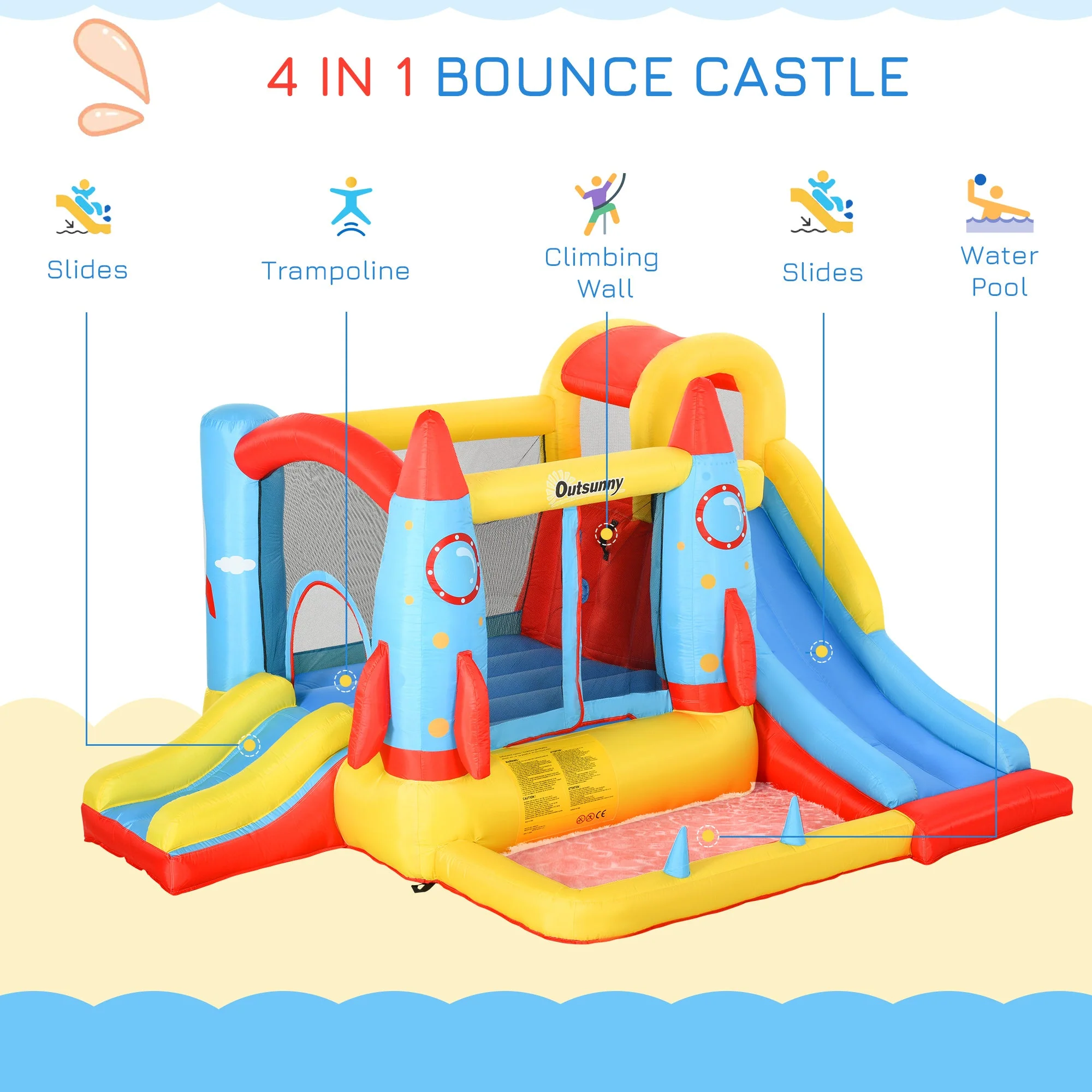 Bounce Castle Inflatable Trampoline Slide Pool Rocket Design 3.4 x 2.8 x 1.85m - Image 5