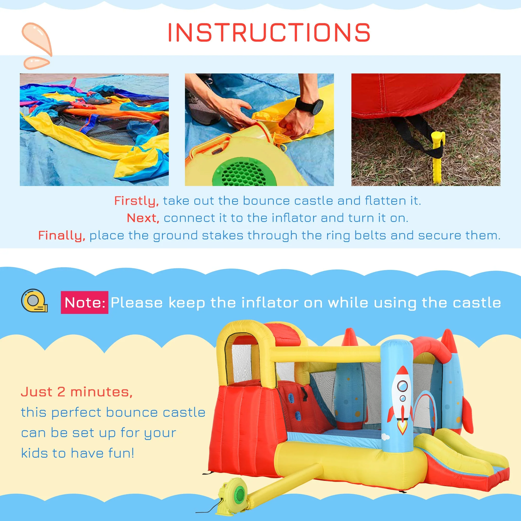 Bounce Castle Inflatable Trampoline Slide Pool Rocket Design 3.4 x 2.8 x 1.85m - Image 6
