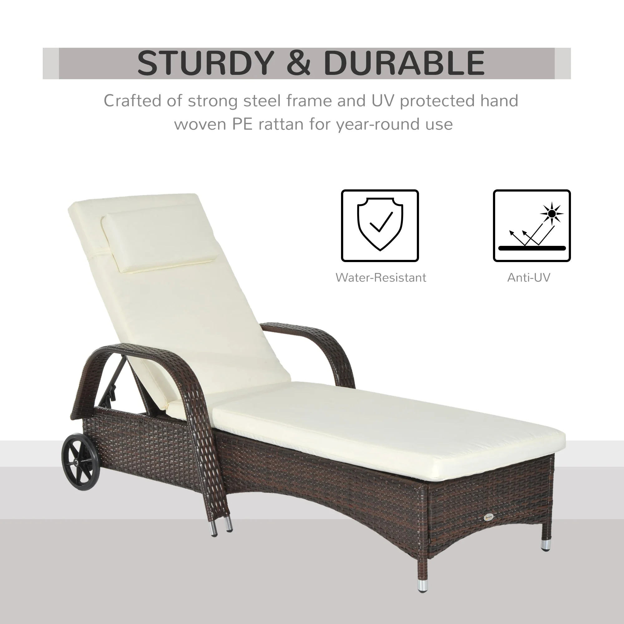 Brown Rattan Sun Lounger w/ Adjustable Steel Frame - Image 4