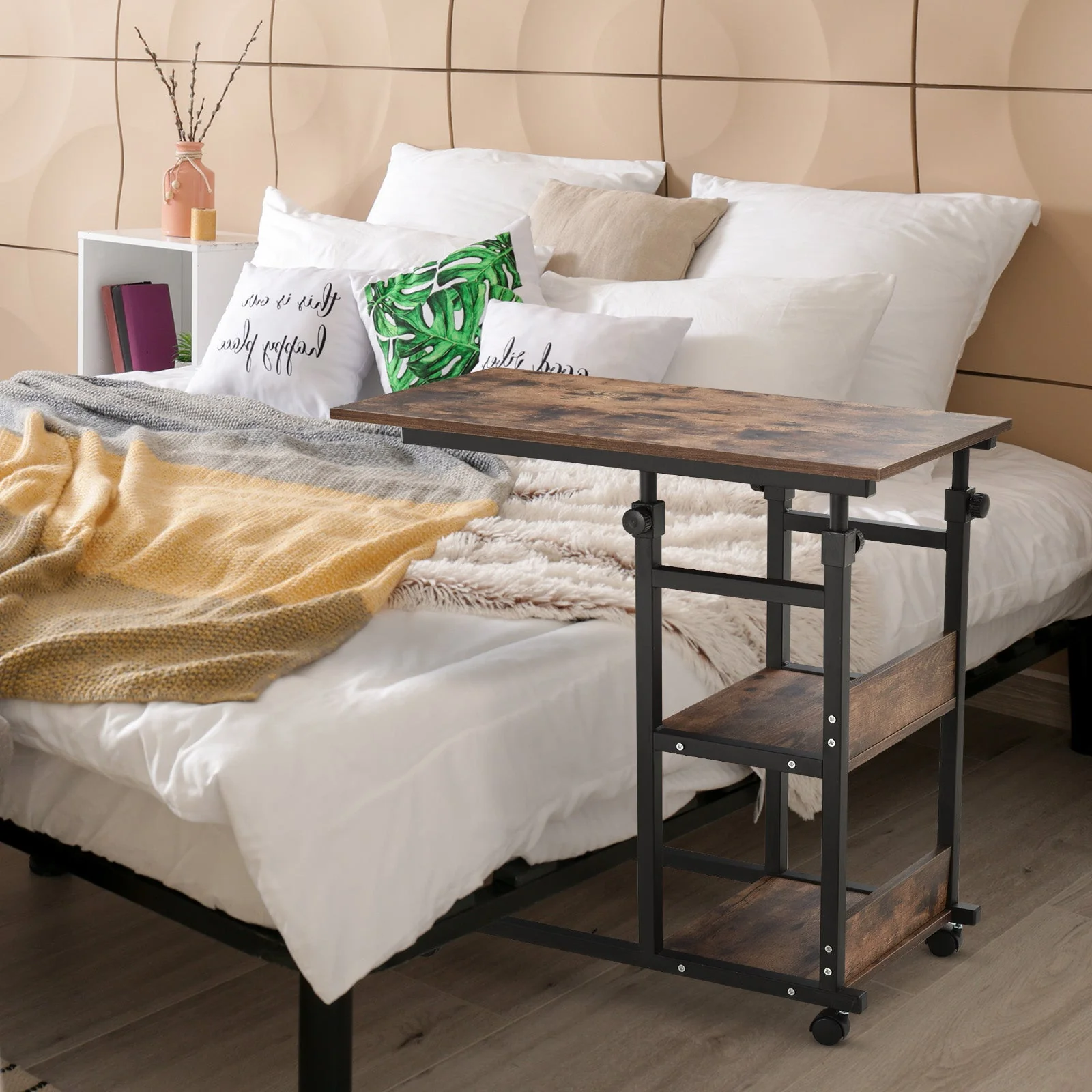 C-Shaped Side Table Industrial Mobile Rolling End Desk with 3-Tier Storage Shelving - Image 2