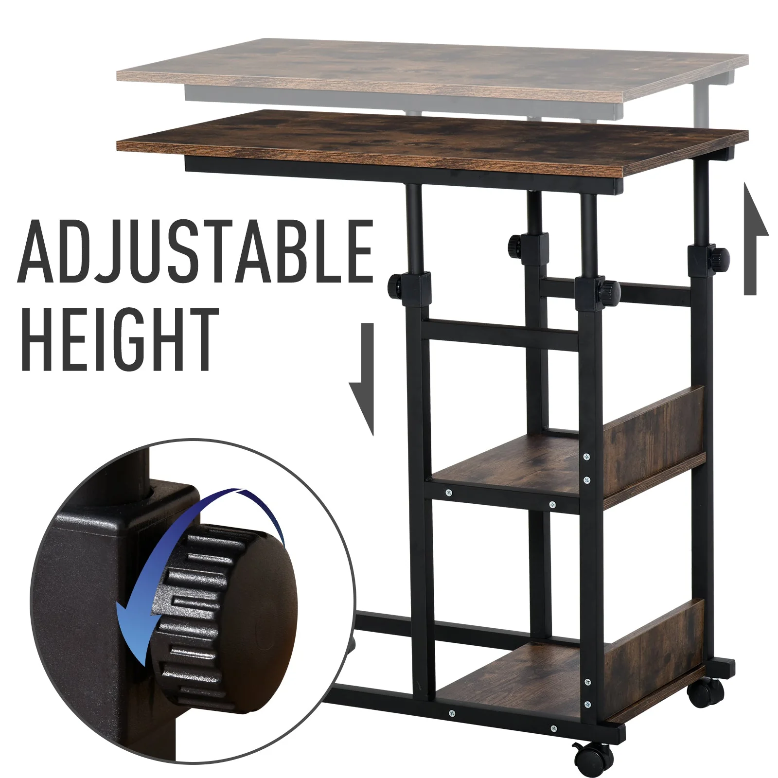 C-Shaped Side Table Industrial Mobile Rolling End Desk with 3-Tier Storage Shelving - Image 7
