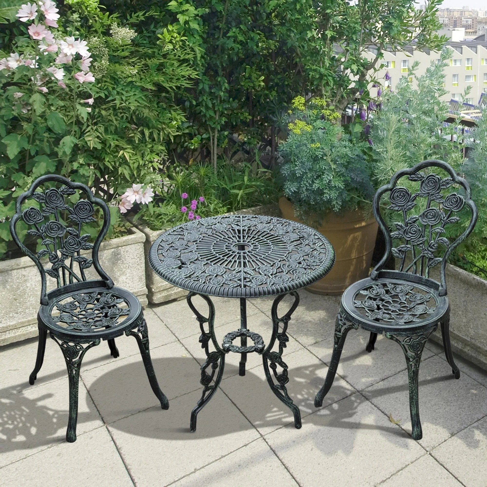 Cast Aluminium Outdoor Patio Garden Bistro Elegant Design Table Chair Set - Green 3-Piece - Image 2