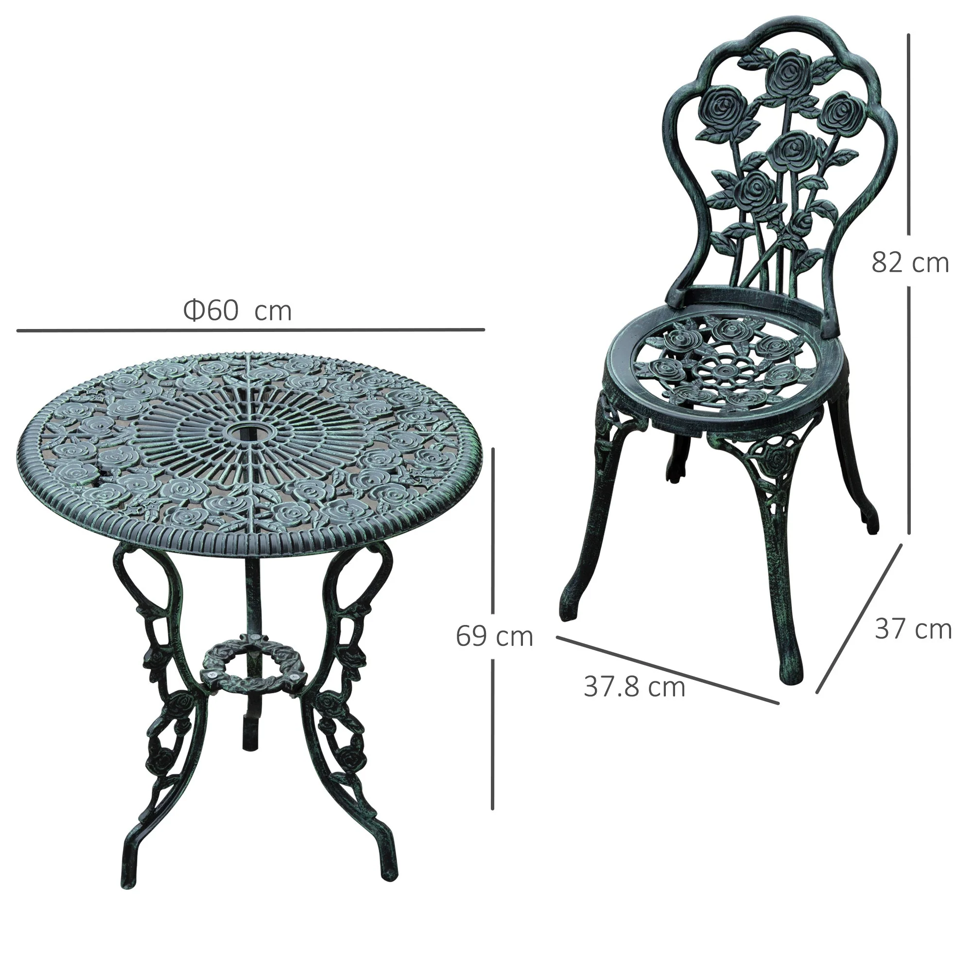 Cast Aluminium Outdoor Patio Garden Bistro Elegant Design Table Chair Set - Green 3-Piece - Image 3