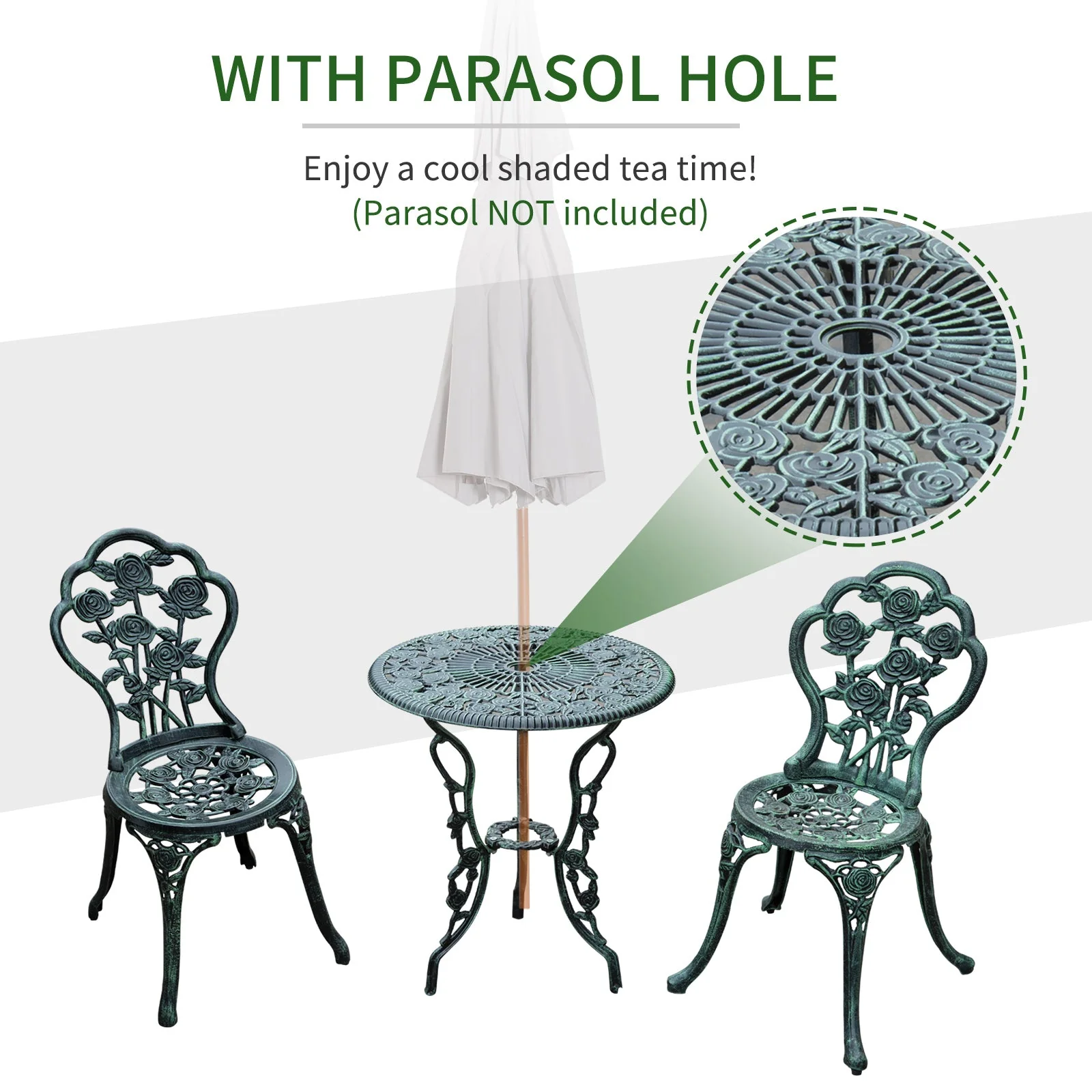 Cast Aluminium Outdoor Patio Garden Bistro Elegant Design Table Chair Set - Green 3-Piece - Image 4