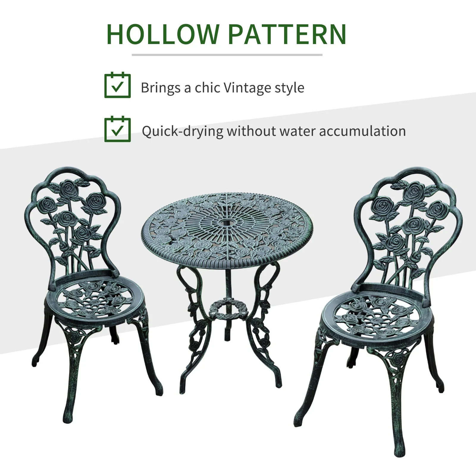 Cast Aluminium Outdoor Patio Garden Bistro Elegant Design Table Chair Set - Green 3-Piece - Image 5