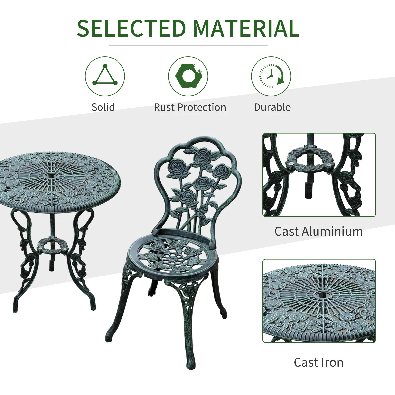 Cast Aluminium Outdoor Patio Garden Bistro Elegant Design Table Chair Set - Green 3-Piece - Image 6