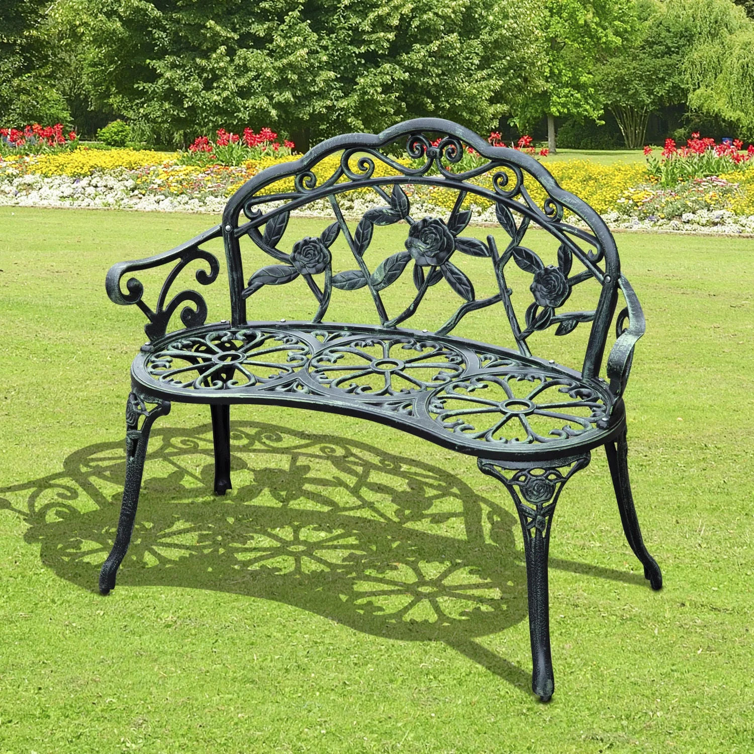 Cast Aluminum Garden Bench-Antique Green - Image 2