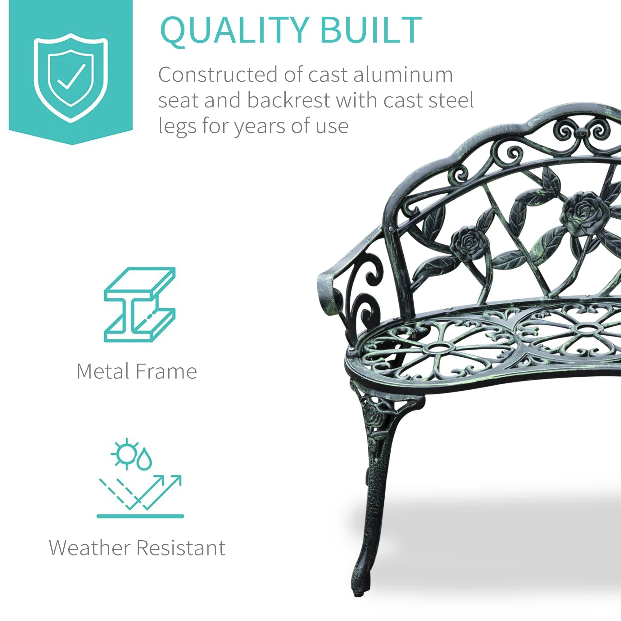 Cast Aluminum Garden Bench-Antique Green - Image 5