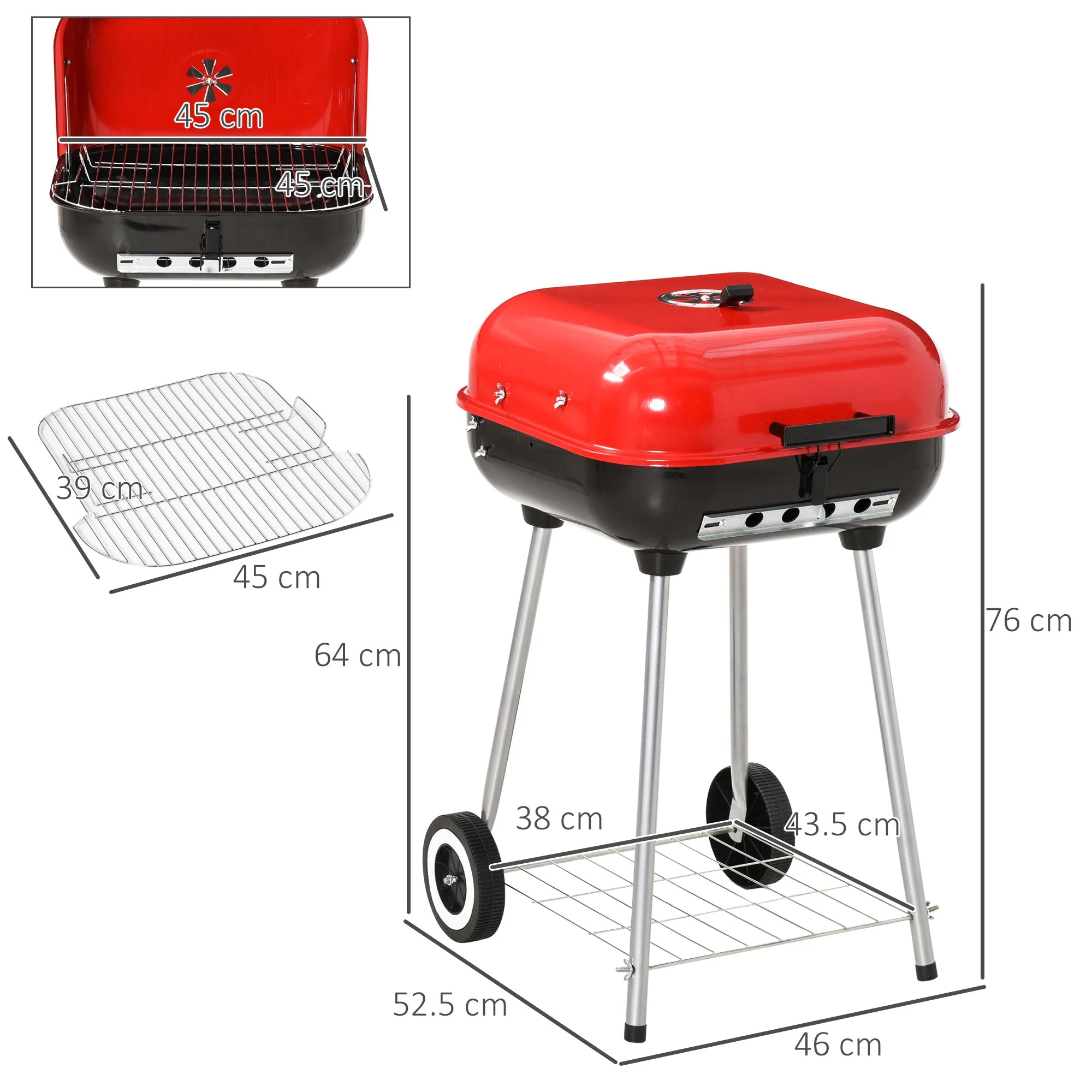 Charcoal Trolley BBQ Barbecue Grill Patio Camping Picnic Garden Party Outdoor Cooking with Lid - Image 3