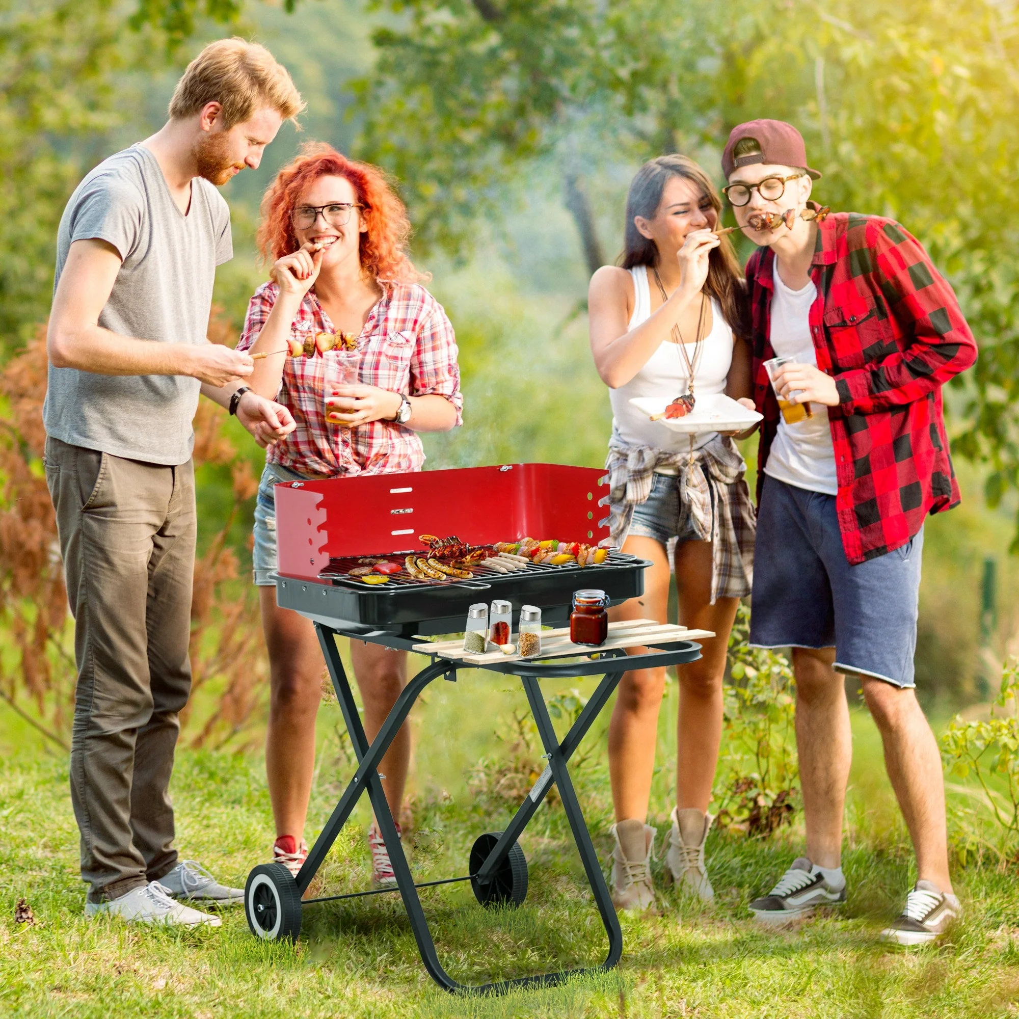 Charcoal Trolley BBQ Barbecue Grill Patio Camping Picnic Garden Party Outdoor Cooking with Windshield - Image 2
