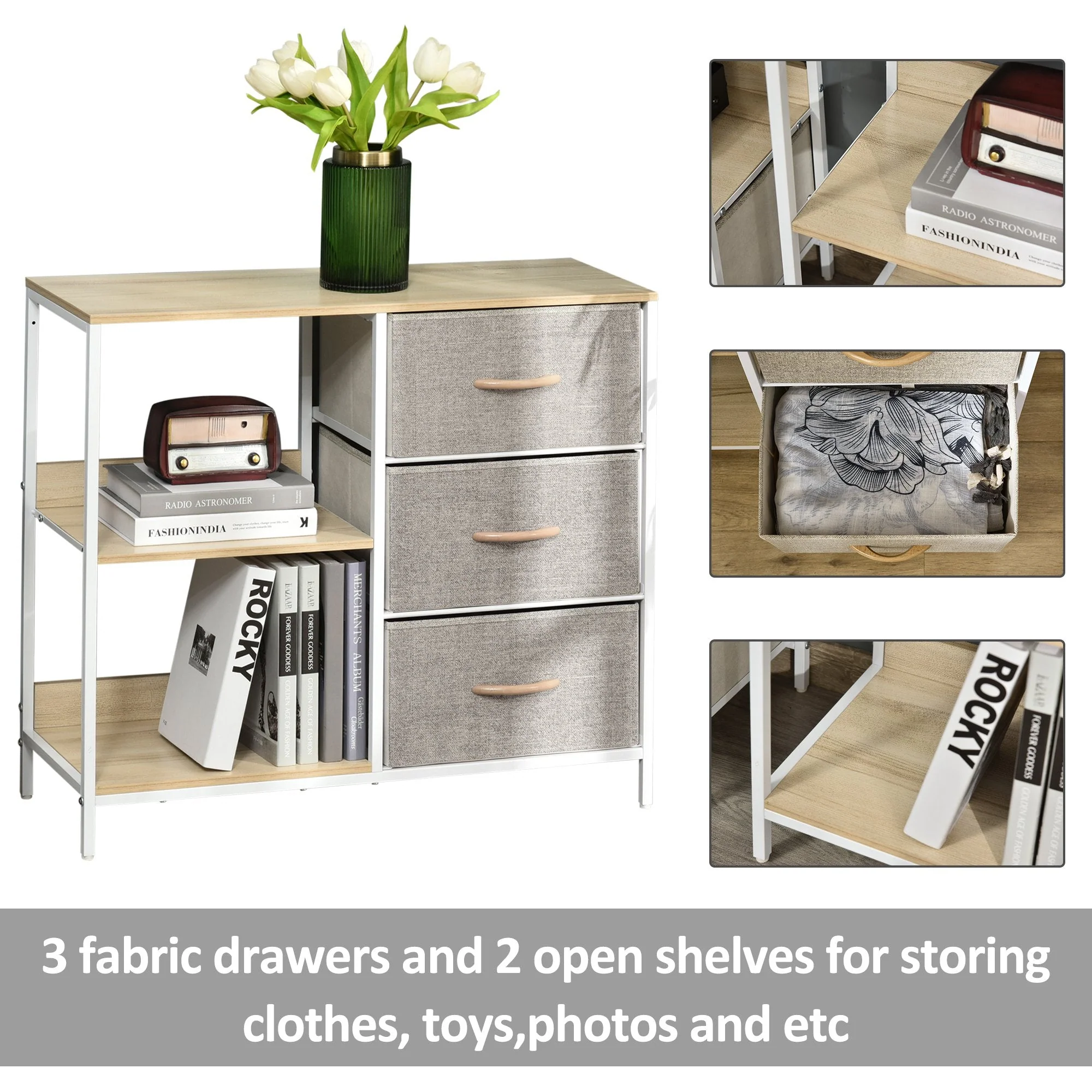 Chest of Drawers Storage Dresser Cabinet Organizer with 3 Fabric Drawers and 2 Display Shelves for Living Room - Image 4