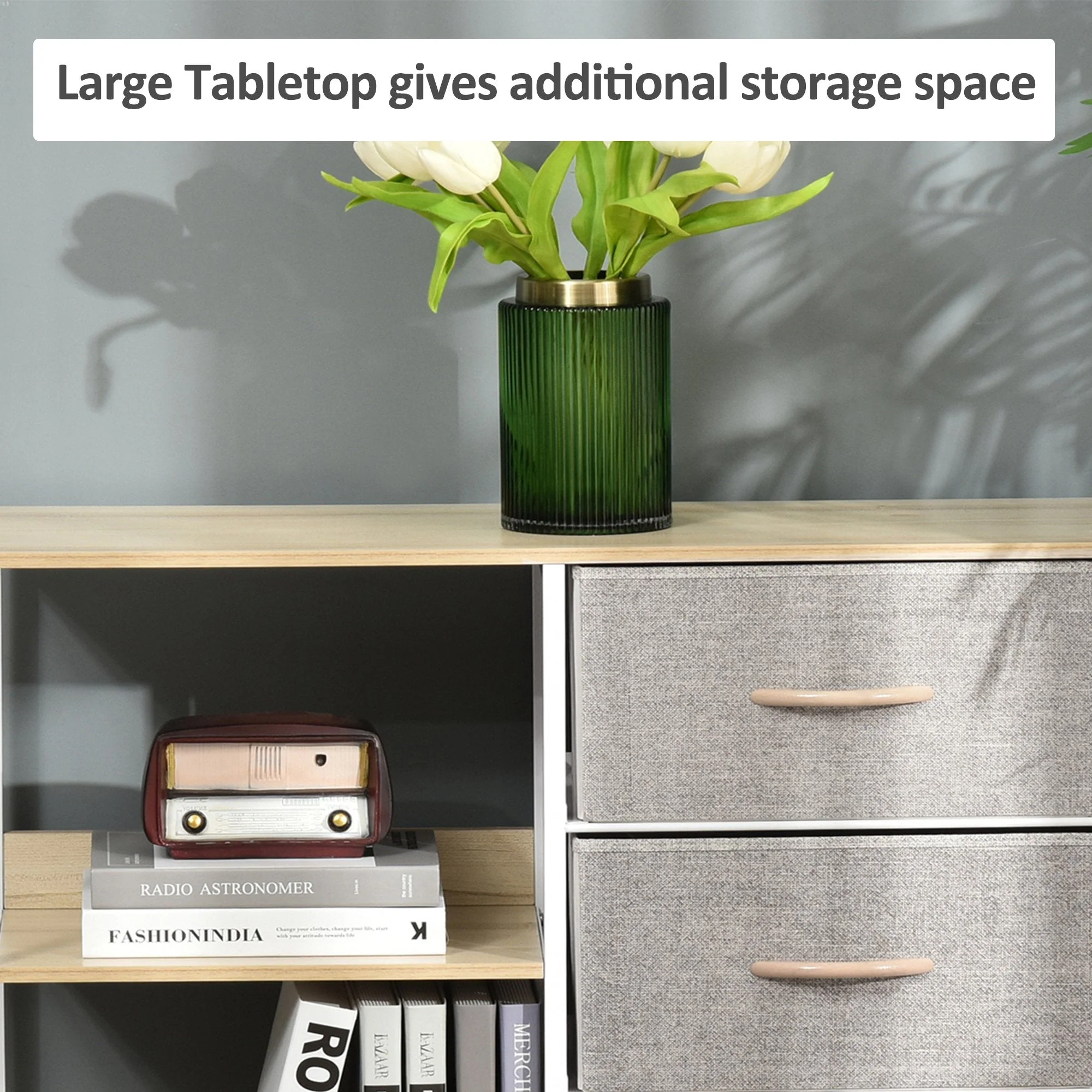 Chest of Drawers Storage Dresser Cabinet Organizer with 3 Fabric Drawers and 2 Display Shelves for Living Room - Image 5
