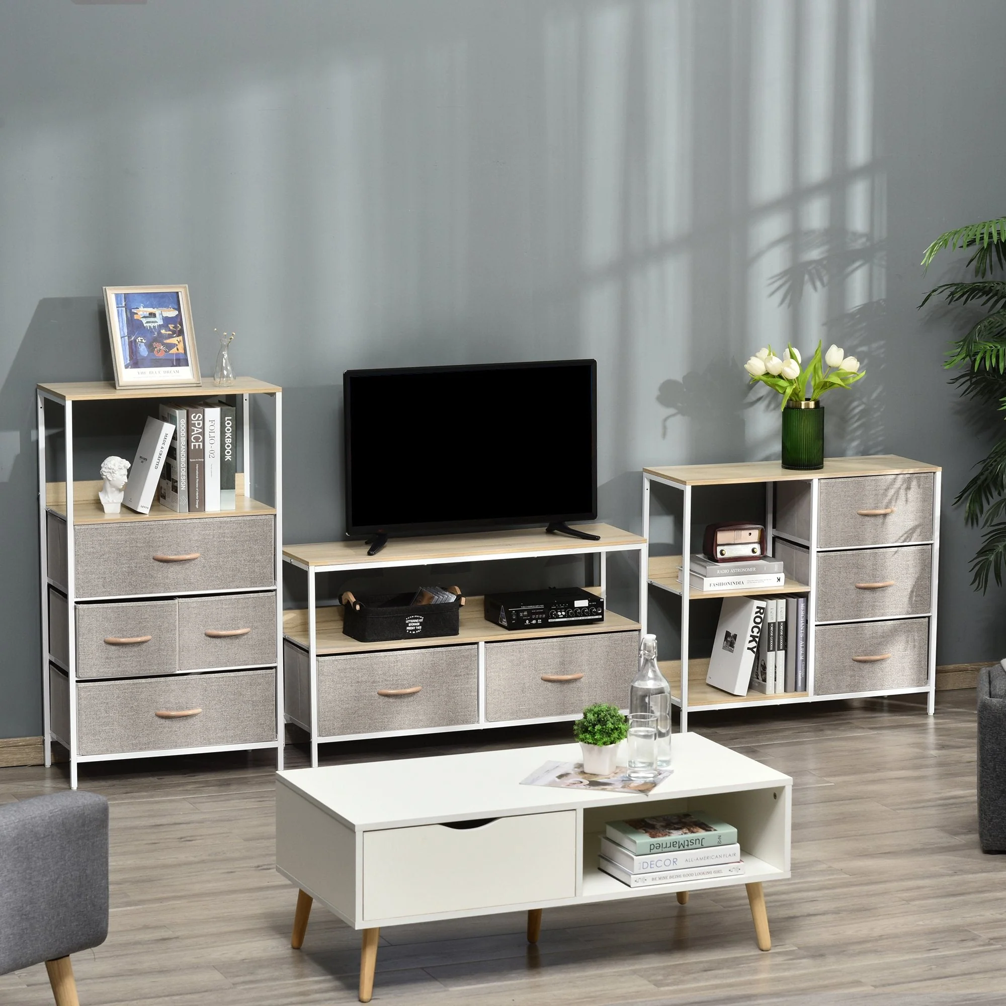 Chest of Drawers Storage Dresser Cabinet Organizer with 3 Fabric Drawers and 2 Display Shelves for Living Room - Image 9