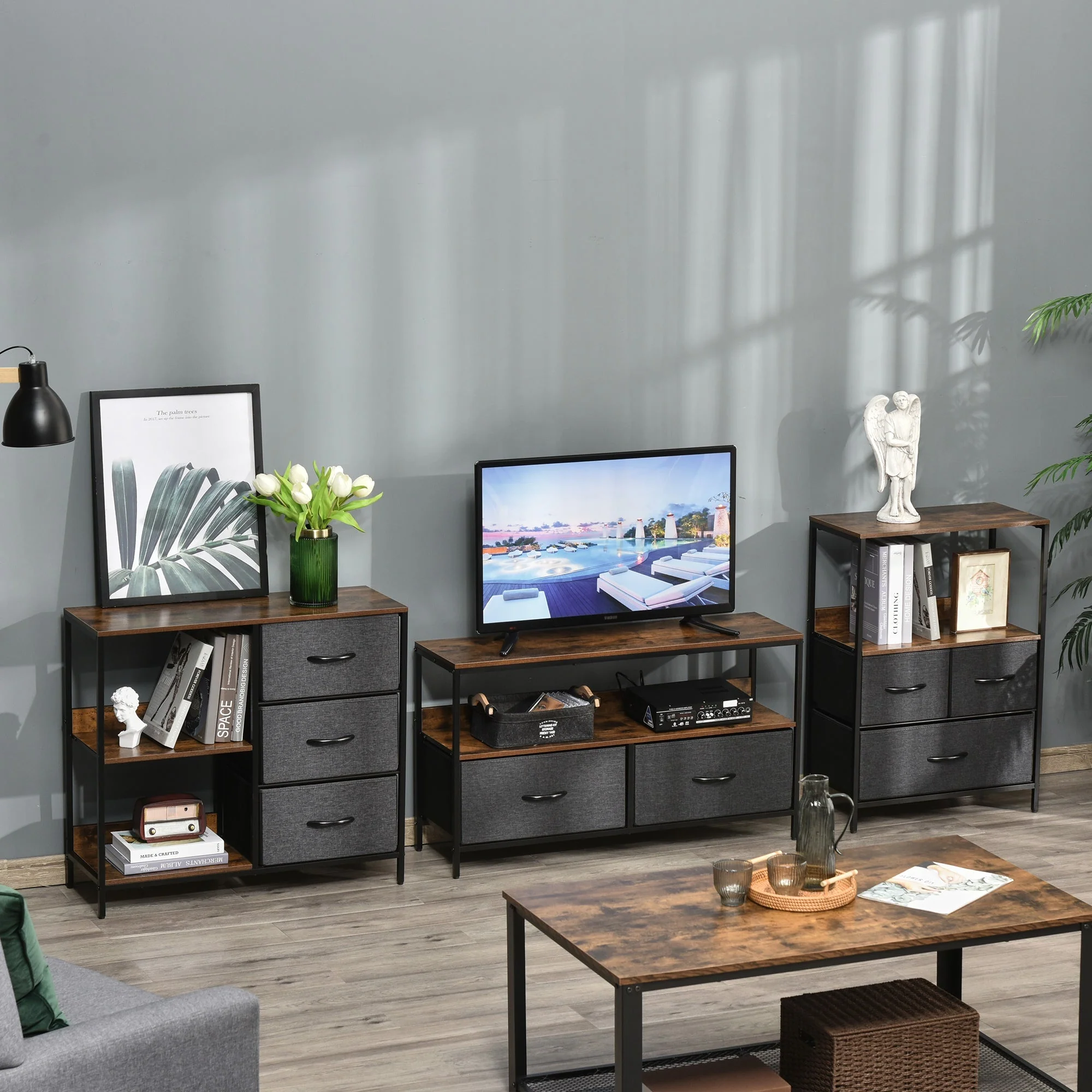 Chest of Drawers Storage Dresser Cabinet Organizer with 3 Fabric Drawers and 2 Display Shelves for Living Room - Image 7