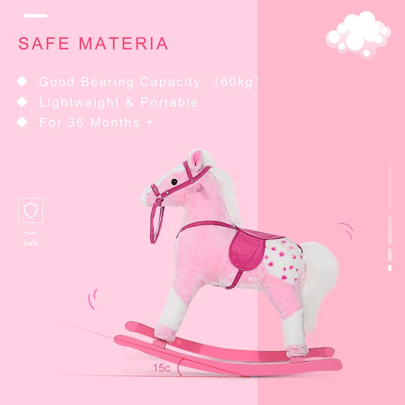 Children Child Kids Plush Rocking Horse with Sound Handle Grip Traditional Toy Fun Gift Pink - Image 4