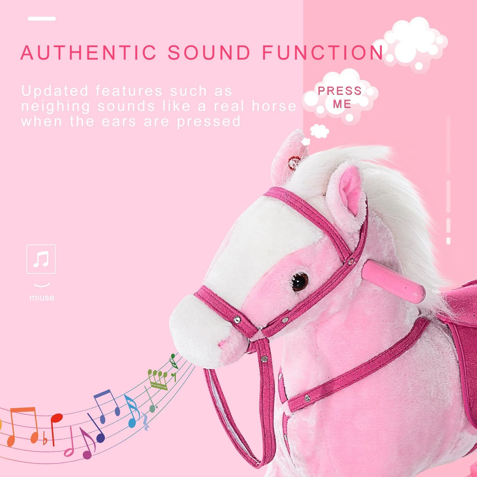 Children Child Kids Plush Rocking Horse with Sound Handle Grip Traditional Toy Fun Gift Pink - Image 5