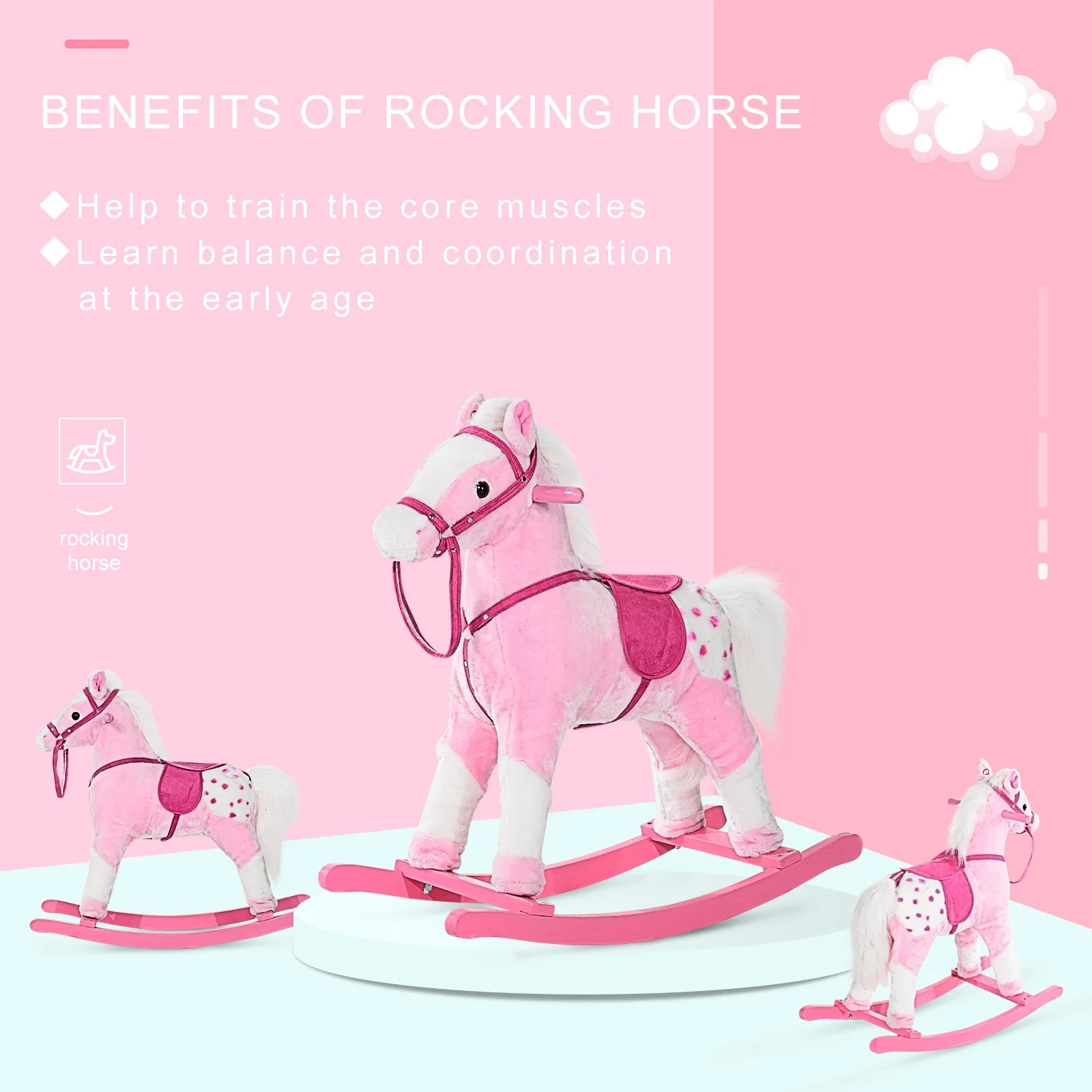 Children Child Kids Plush Rocking Horse with Sound Handle Grip Traditional Toy Fun Gift Pink - Image 6