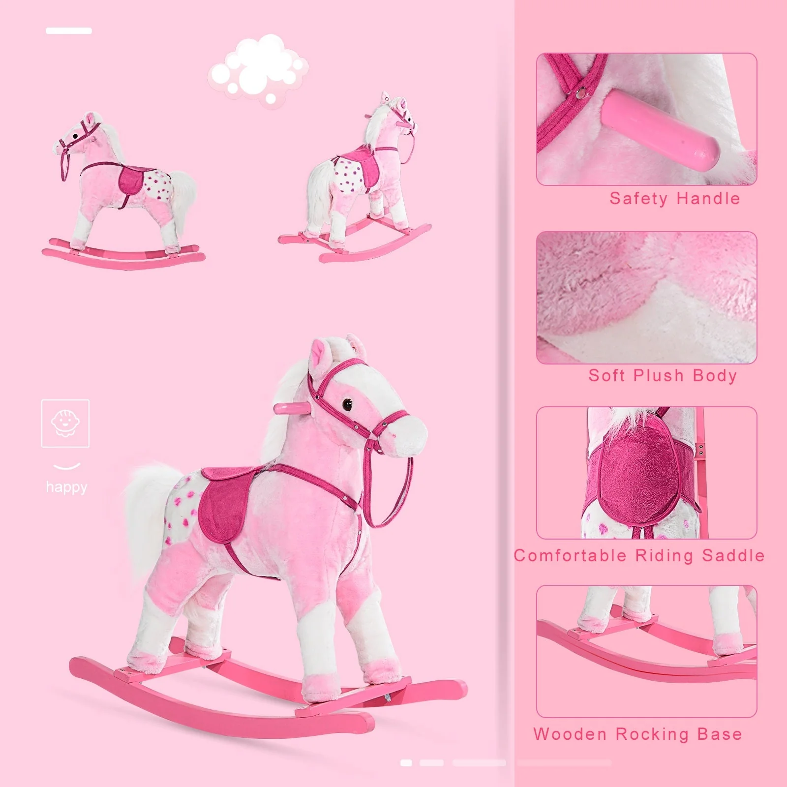Children Child Kids Plush Rocking Horse with Sound Handle Grip Traditional Toy Fun Gift Pink - Image 7