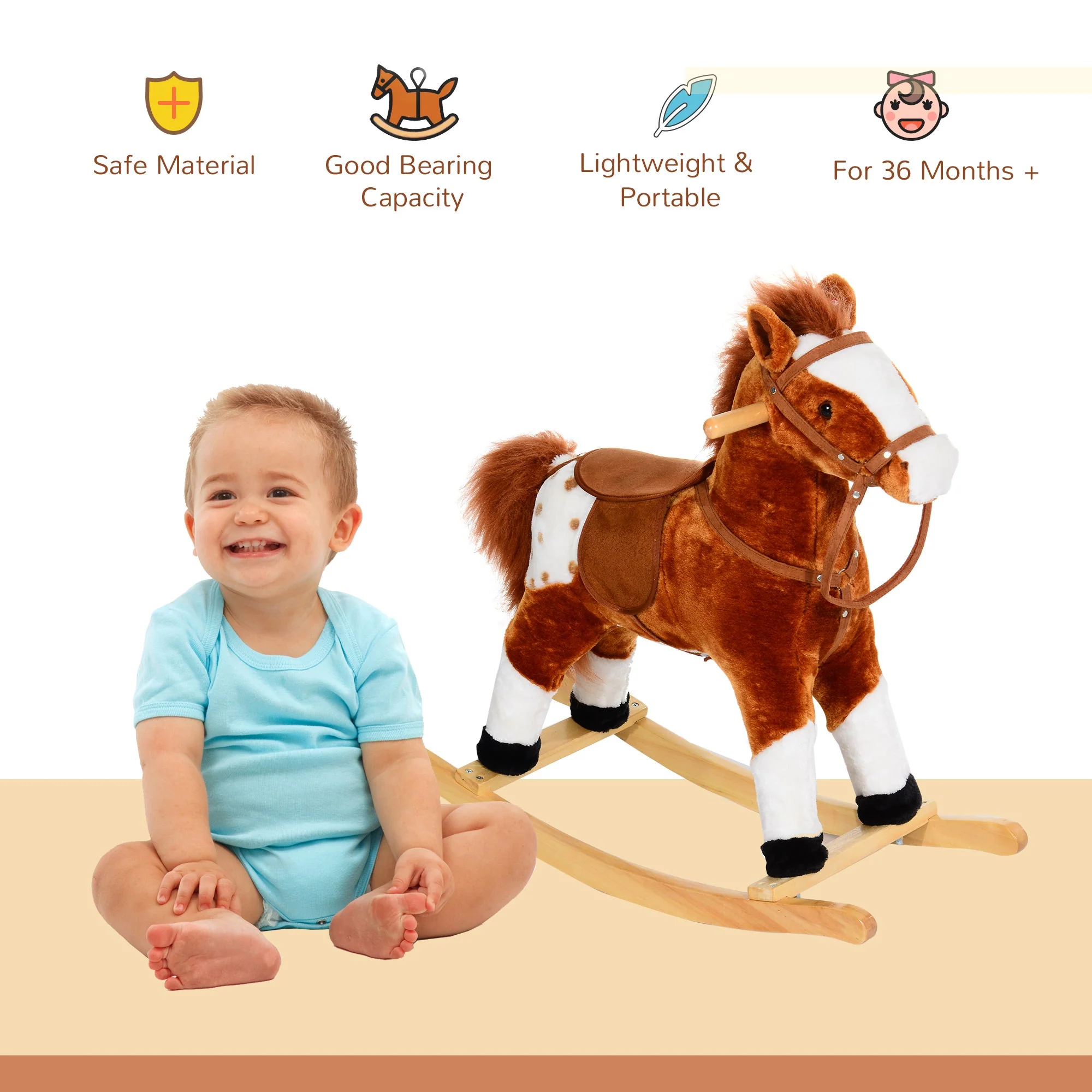 Children Plush Rocking Horse with Sound-Brown - Image 4