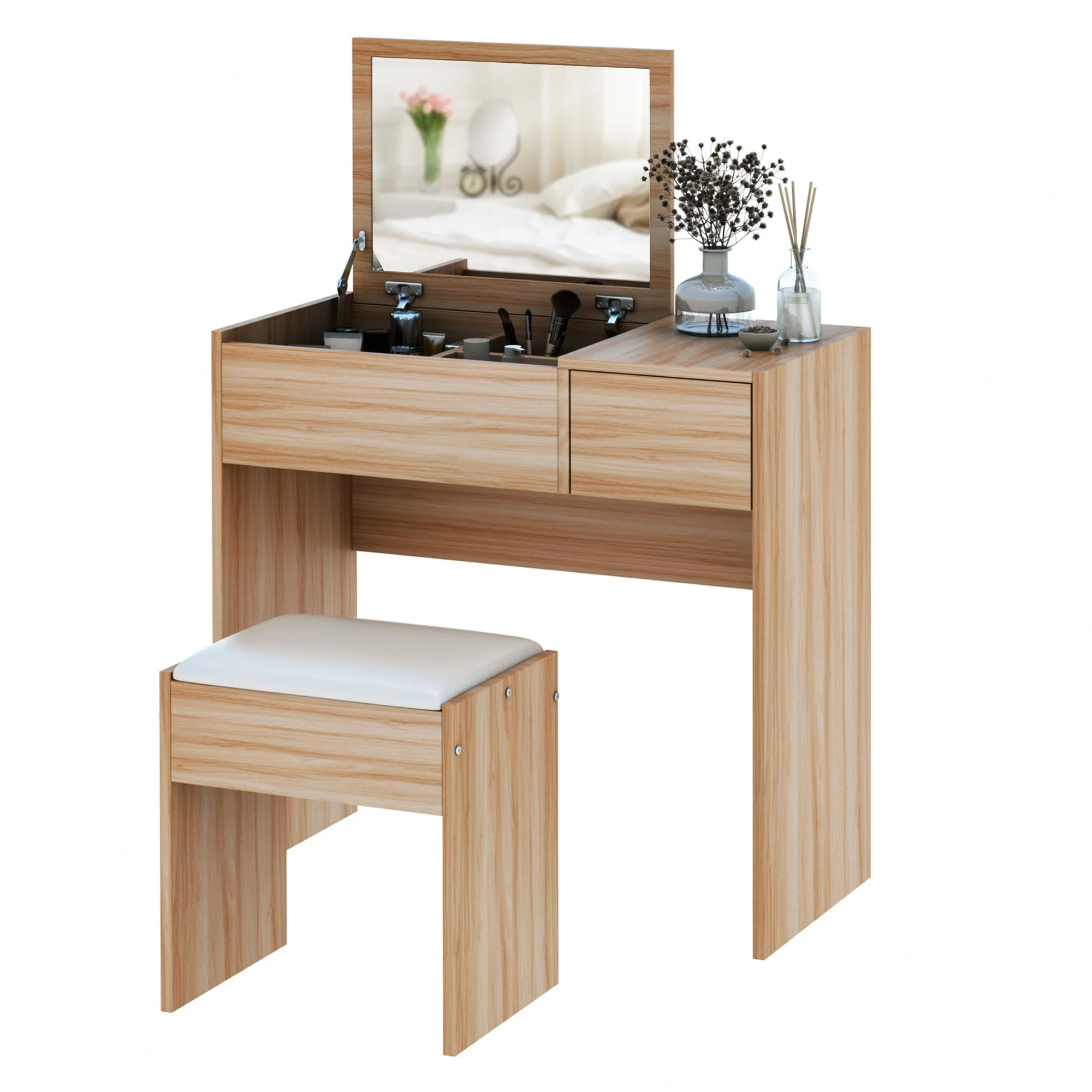 Chipboard Dressing Table Set Cushioned Stool Flip-up Mirror Drawer Wood Grain Colour - Image 2