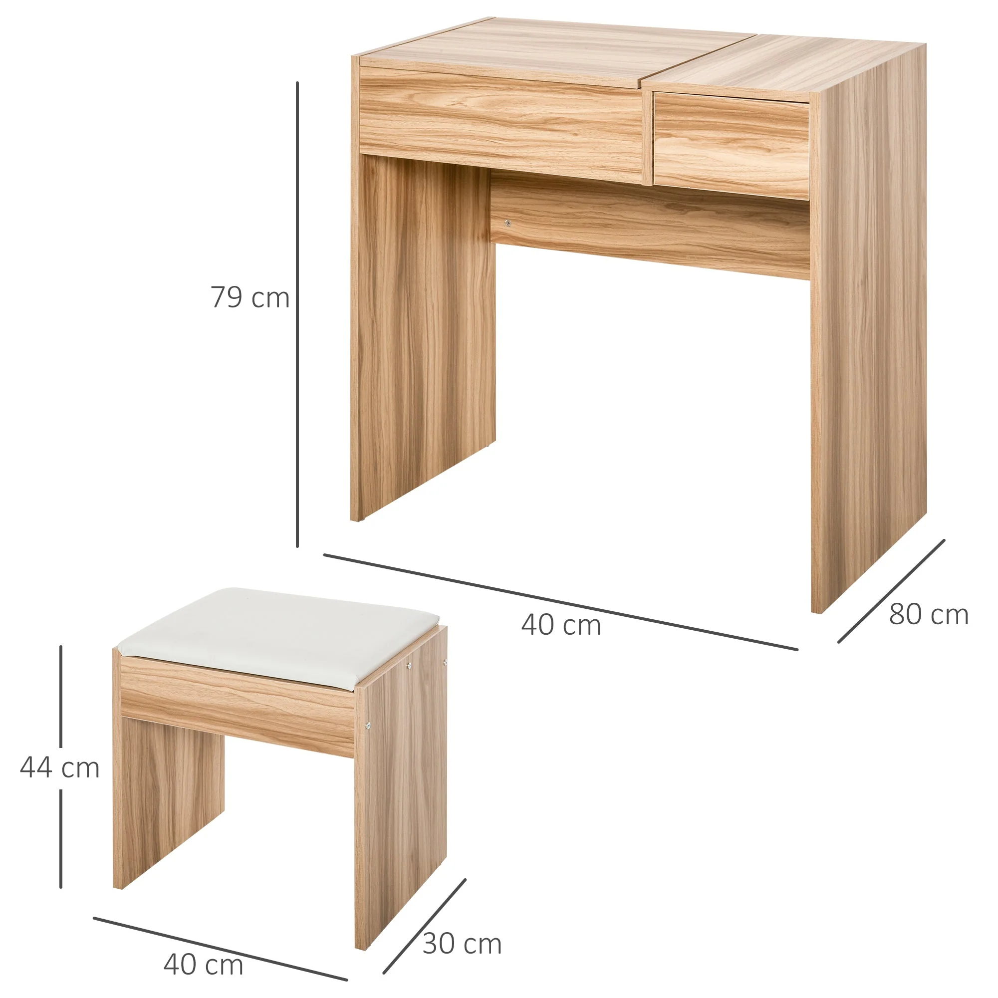 Chipboard Dressing Table Set Cushioned Stool Flip-up Mirror Drawer Wood Grain Colour - Image 3