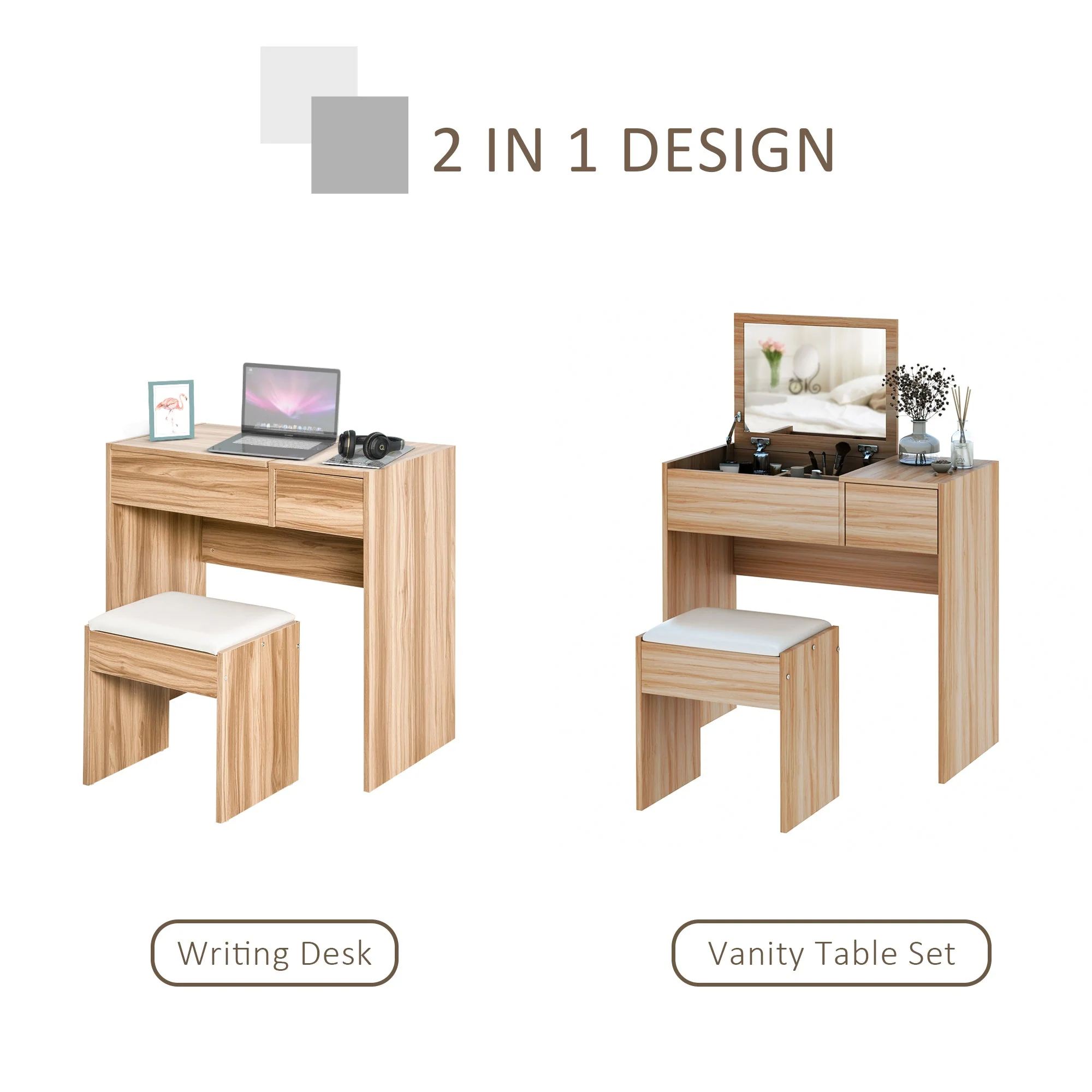 Chipboard Dressing Table Set Cushioned Stool Flip-up Mirror Drawer Wood Grain Colour - Image 4
